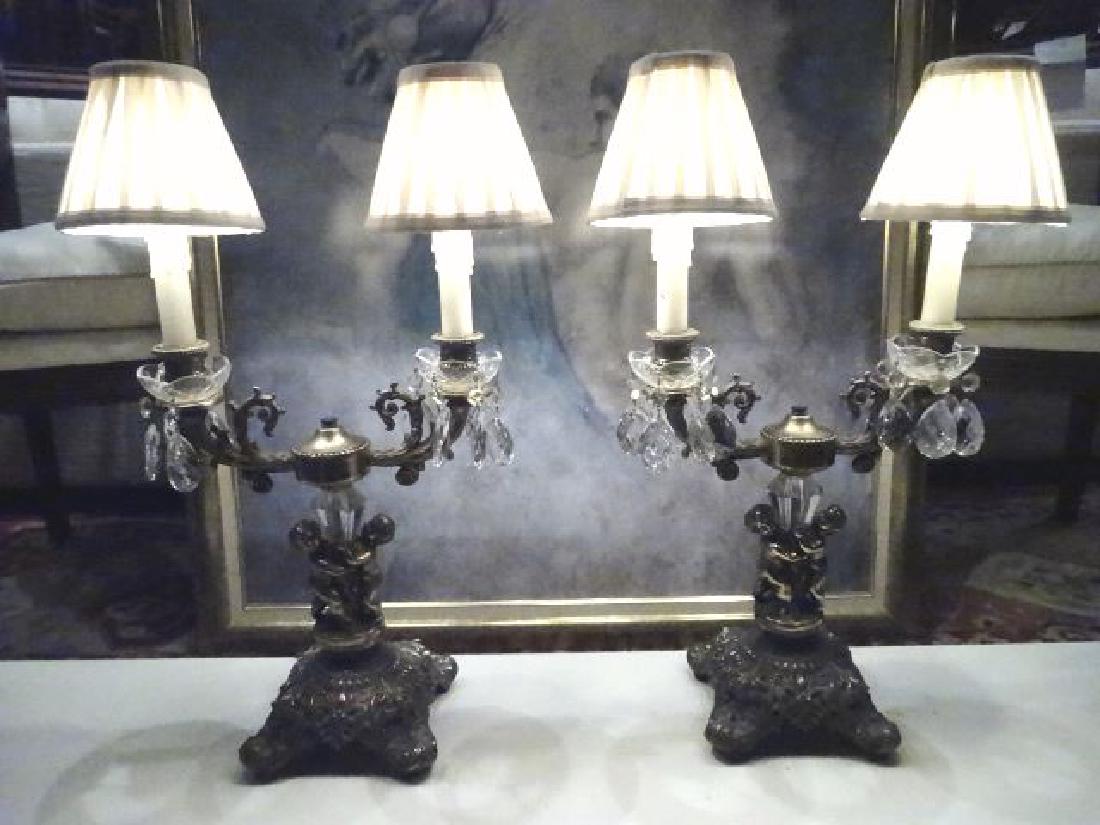 PAIR GILT METAL FIGURAL LAMPS, CRYSTAL DROPS, 2 LIGHTS (1 of 9)