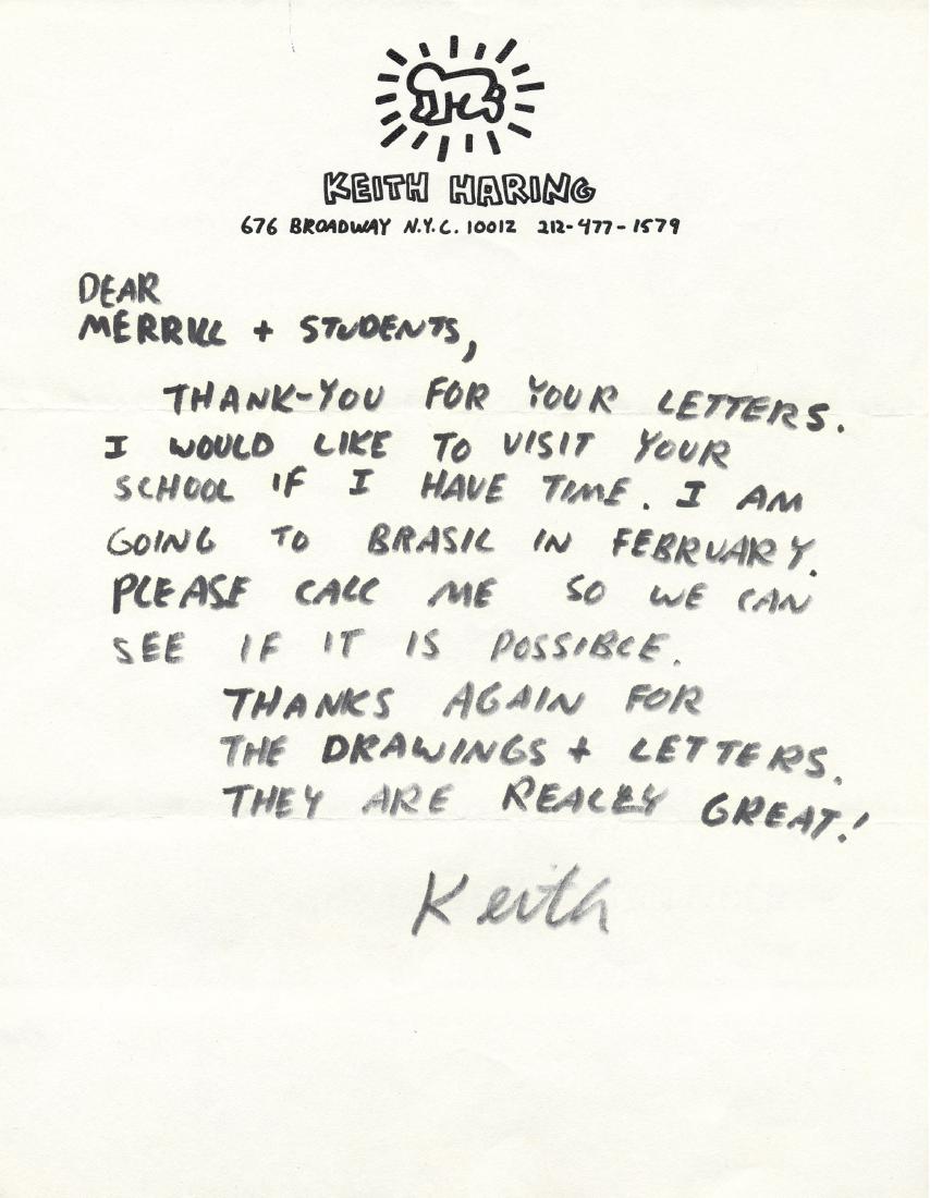 HARING KEITH: (1958-1990): HARING KEITH: (1958-1990) American Artist and Activist. Scarce A.L.S., Keith, one page, 4to, New York, n.d. [1987], on his personal printed stationery, to Merrill and students. Haring accepts the invi