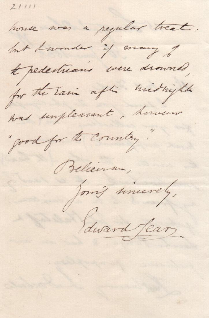 LEAR EDWARD: (1812-1888) English Artist, Illustrator: LEAR EDWARD: (1812-1888) English Artist, Illustrator and writer, remembered for his nonsensical poetry and limericks. A.L.S., Edward Lear, two pages, 8vo, Stratford Place, 30th June 1865, to Mrs. Ford