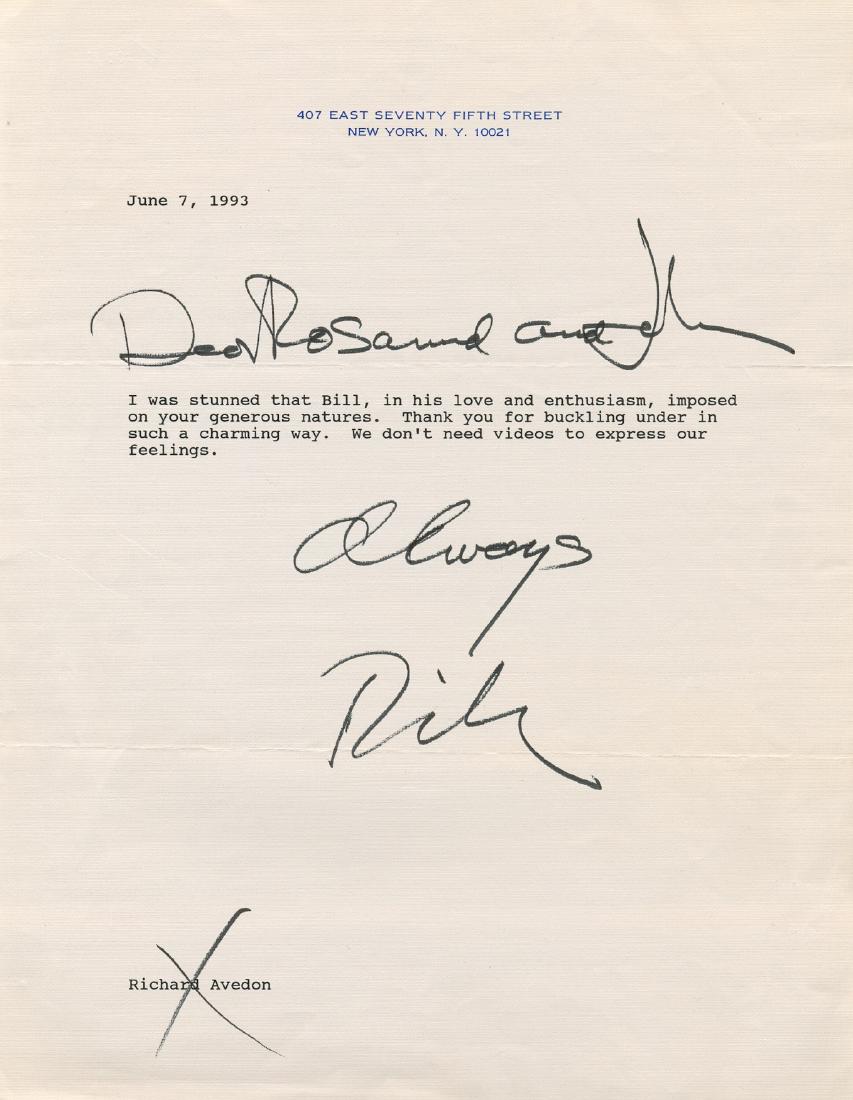 AVEDON RICHARD : (1923-2004): AVEDON RICHARD : (1923-2004) American fashion portrait Photographer. T.L.S., `Always RickÂ´, one page, 4to, New York, 7th June 1993, on his personal printed stationery, to Rosamund and John. Avedon 