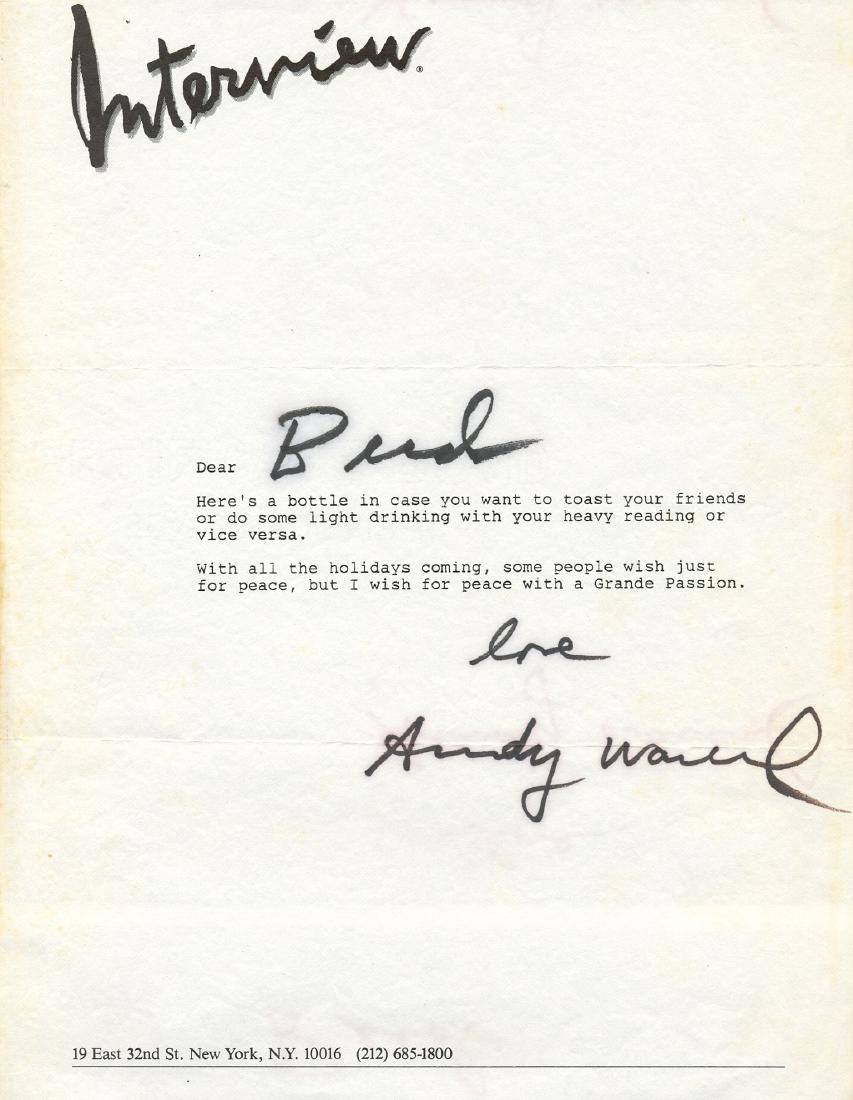 WARHOL ANDY: (1928-1987): WARHOL ANDY: (1928-1987) American Pop Artist. T.L.S., Love, Andy Warhol, one page, 4to, New York, n.d., on the Interview printed stationery, to Bud. Warhol states, `Dear Bud, hereÂ´s a bottle in cas