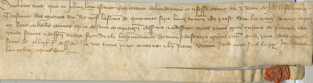 [HUNDRED YEARÂ´S WAR]:: [HUNDRED YEARÂ´S WAR]: A good 10 x 2.5 piece, on vellum, dated 20th October 1380, the document being a receipt given by Jehan Leure, Captain Squire from Hardentuy who acknowledges having received fr