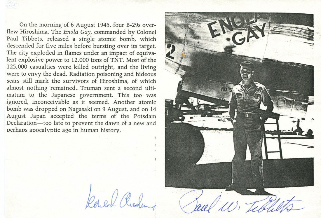 ATOMIC BOMB:: ATOMIC BOMB: An oblong 8vo photocopied page featuring an image of Paul Tibbets standing in a full length pose alongside the Enola Gay, with printed text to the left relating to the bombing of Hiroshim