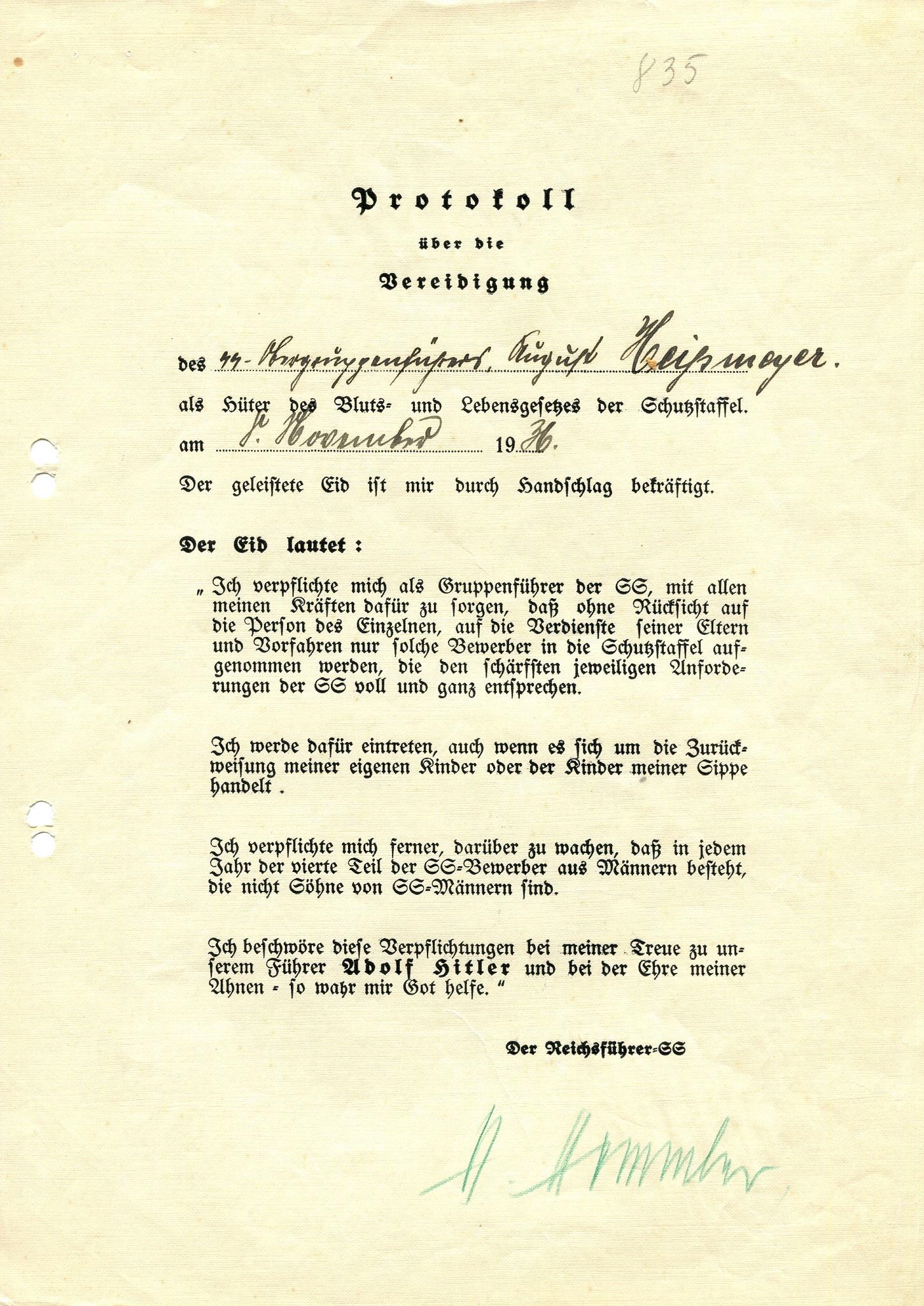 HIMMLER HEINRICH: (1900-1945): HIMMLER HEINRICH: (1900-1945) Nazi German Politician, Reichsfuhrer of the Schutzstaffel (SS) 1929-45. D.S., H. Himmler, in bold green indelible pencil, one page, 4to, n.p., 8th November 1936, in Germa