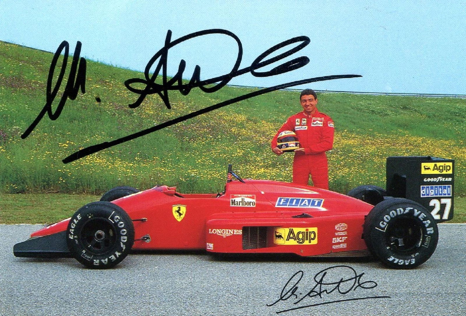 ALBORETO MICHELE: (1956-2001): ALBORETO MICHELE: (1956-2001) Italian racing Driver and formula one Pilot. Colour signed 6 x 4 photograph by Alboreto, the image depicting the Italian pilot outdoors, standing in a full length pose al
