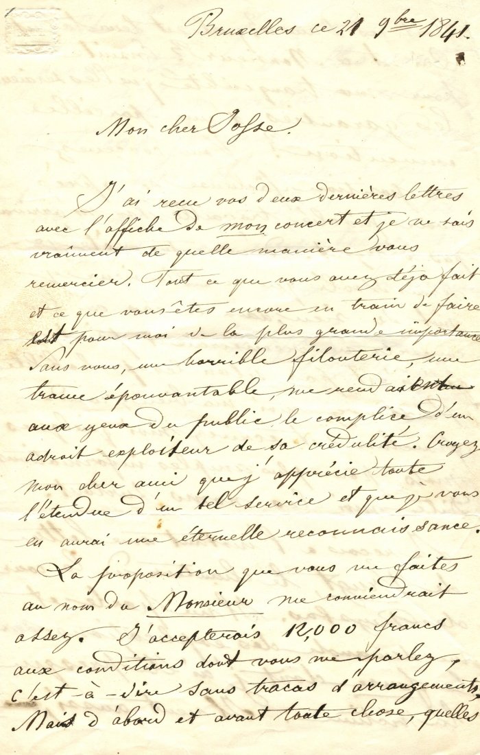 VIEUXTEMPS HENRI: (1820-1881): VIEUXTEMPS HENRI: (1820-1881) Belgian Composer and Violinist. A.L.S., `H. VieuxtempsÂ´, three pages, 8vo, Brussels, 11st November 1841, to Josse, in French. A good content letter, Vieuxtemps stating