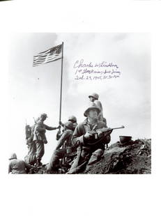 FIRST FLAG RAISING:: FIRST FLAG RAISING: Signed 8 x 10 photograph `Charles W. Lindberg, 1st Flag Raiser, Iwo Jima, Feb. 23, 1945, 10.30 A.MÂ´, the Joe Rosenthal iconic image showing six U.S. Marines raising the U.S. fla