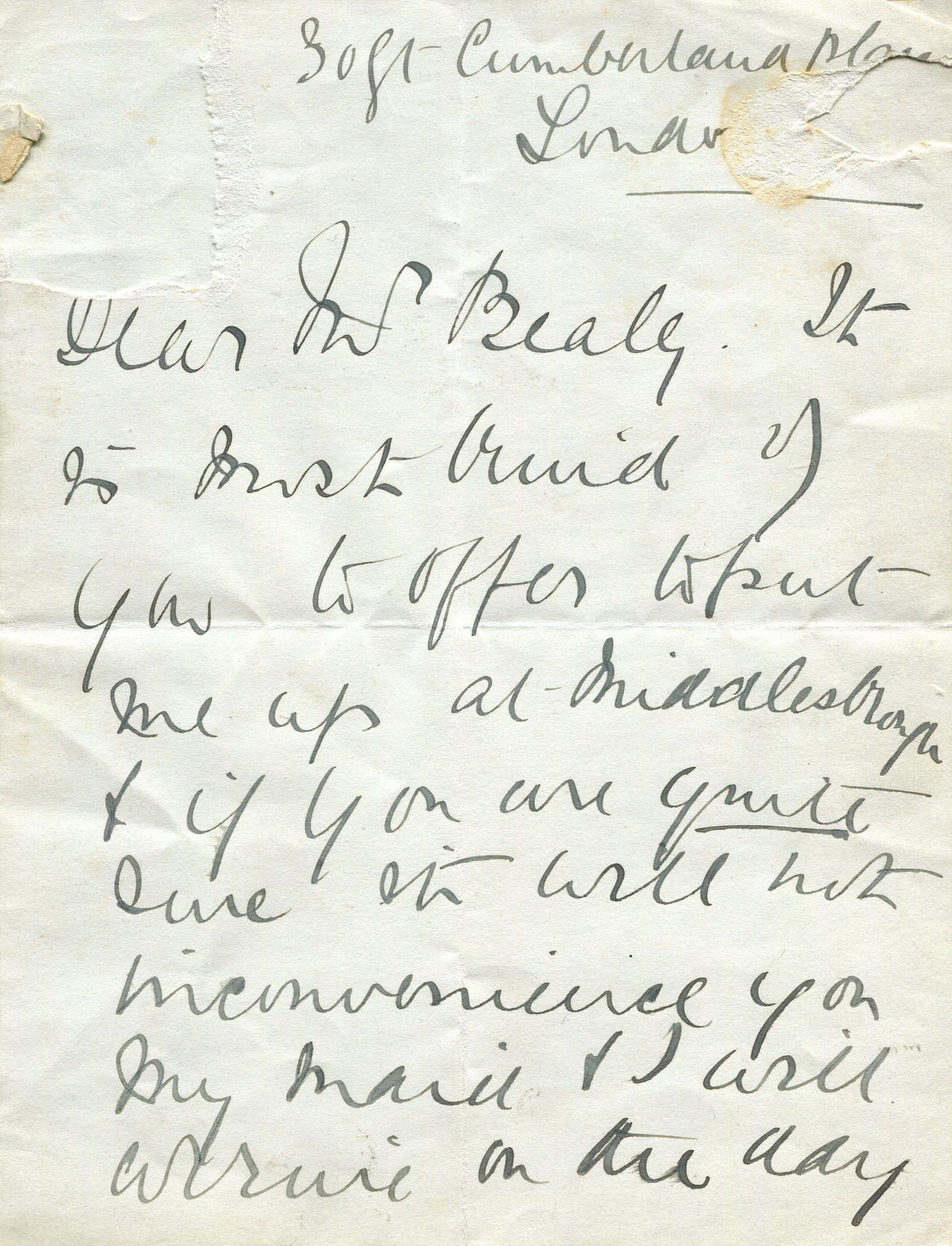 MELBA NELLIE: (1861-1931): MELBA NELLIE: (1861-1931) Australian Soprano. A.L.S., Nellie Melba, two pages, 8vo, Great Cumberland Place, London, n.d., to Mr. Bealey. Melba states that it is kind of her correspondent to offer to a