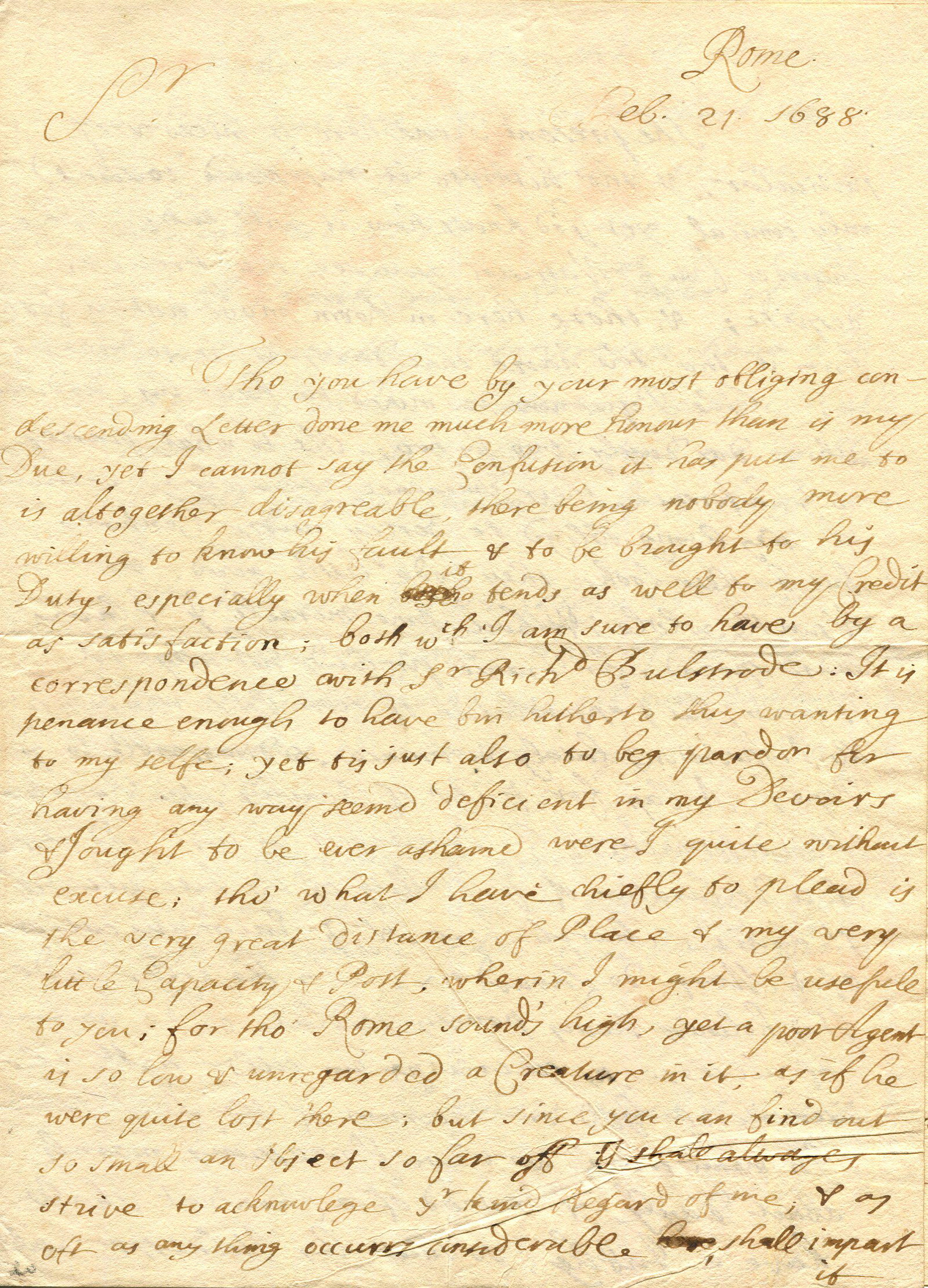 [INNOCENT XI]: (1611-1689): [INNOCENT XI]: (1611-1689) Pope of the Roman Catholic Church 1676-89. An interesting A.L.S., Jo. Lytcott, by the British Diplomat, three pages, 8vo, Rome, 21st February 1688, to a gentleman, seemingly