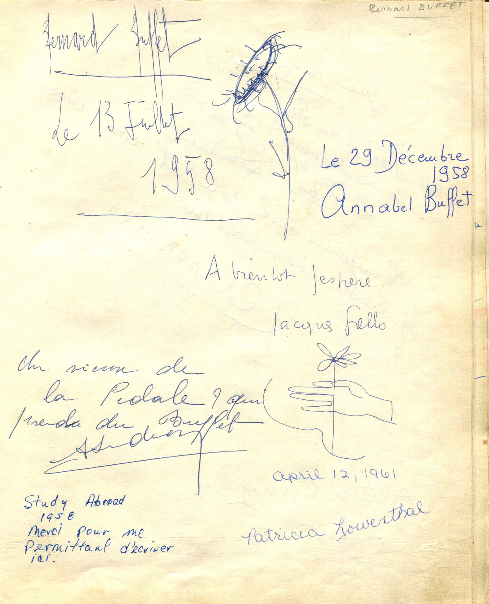 BUFFET BERNARD: (1928-1999): BUFFET BERNARD: (1928-1999) French painter. A blue pen and ink sketch drawn and signed by Buffet at the head of a 4to page removed from an album, the image depicting a sunflower. Signed by Buffet alon
