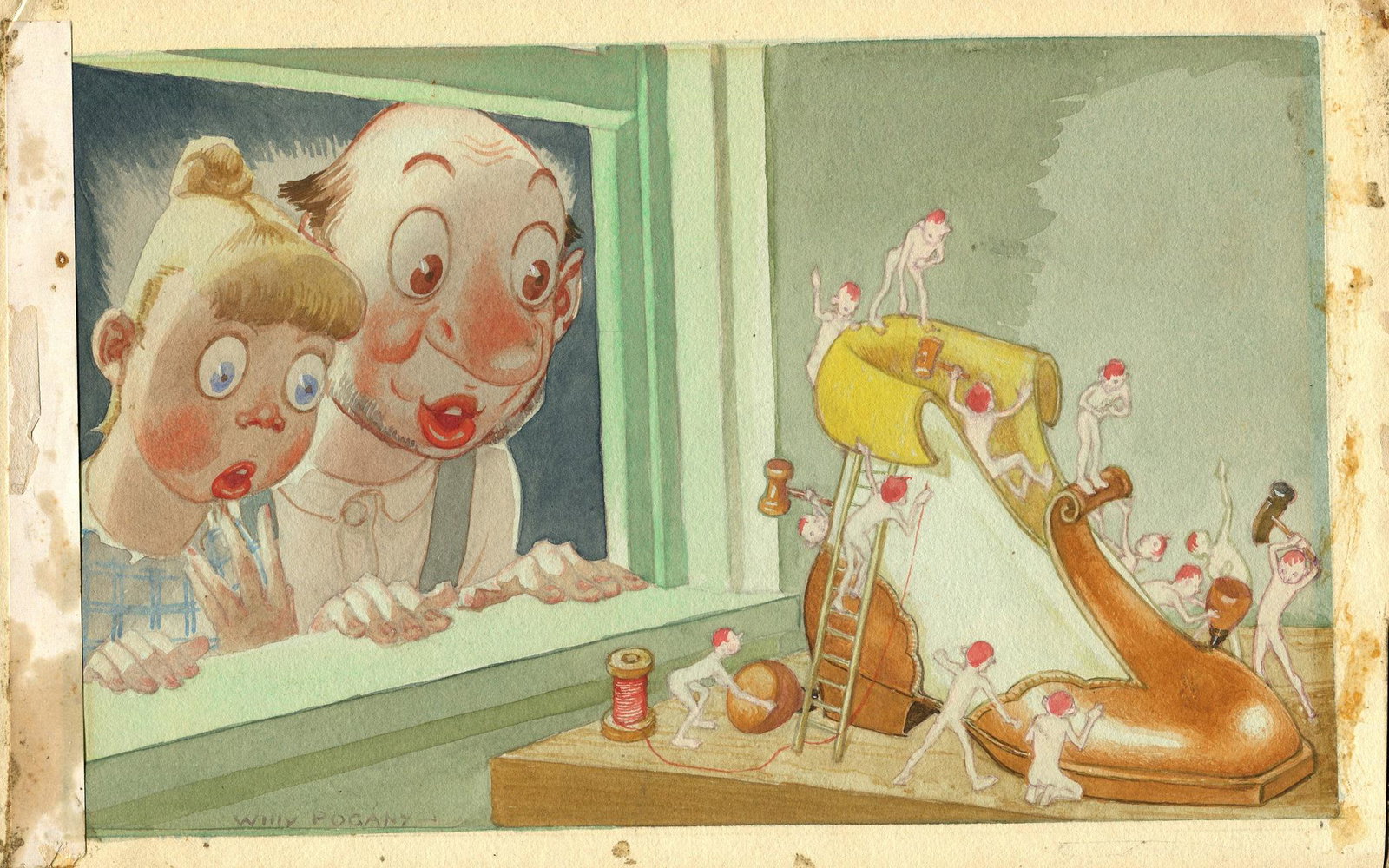 POGANY WILLY: (1882-1955): POGANY WILLY: (1882-1955) Hungarian Illustrator of Children's books. A good original watercolour illustration by Pogany, being a piece of artwork used in an edition of The Elves and the Shoemaker, on 