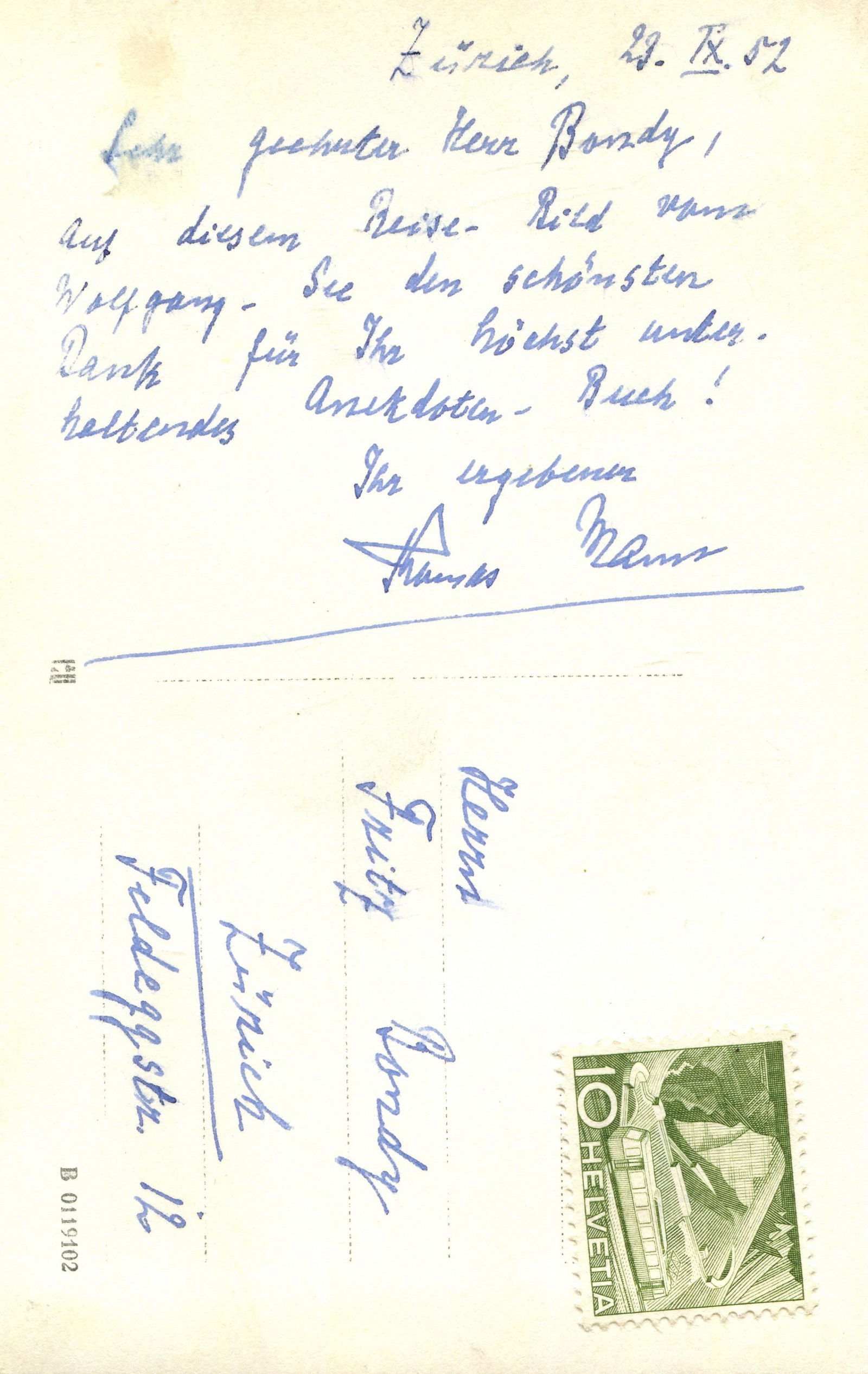 MANN THOMAS: (1875-1955): MANN THOMAS: (1875-1955) German Novelist, Nobel Prize winner for Literature, 1929. A.L.S., Thomas Mann, to the verso of a picture postcard of a lake and town, Zurich, 23rd September 1952, to Fritz Bon