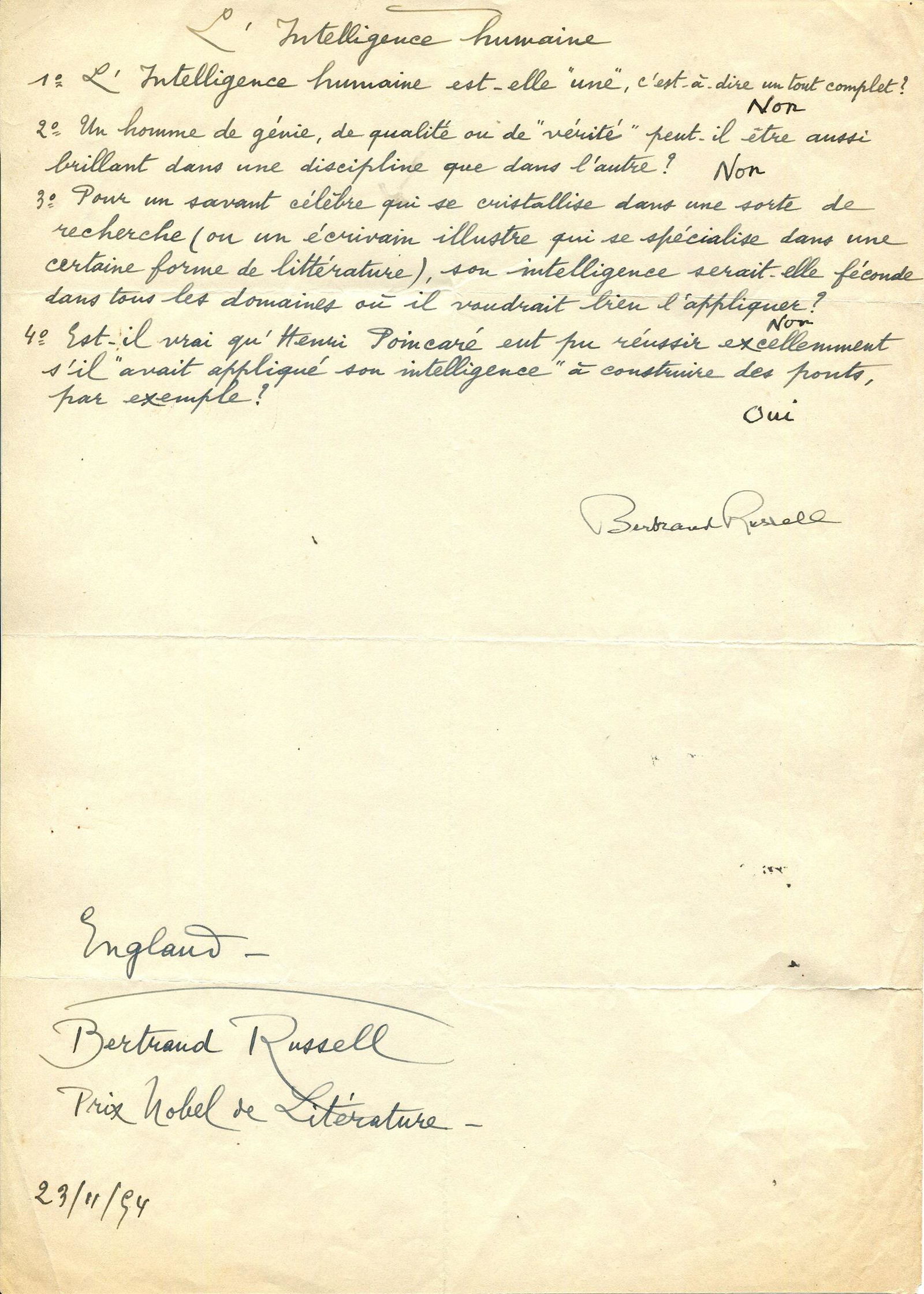 RUSSELL BERTRAND: (1872-1970) (1 of 3)