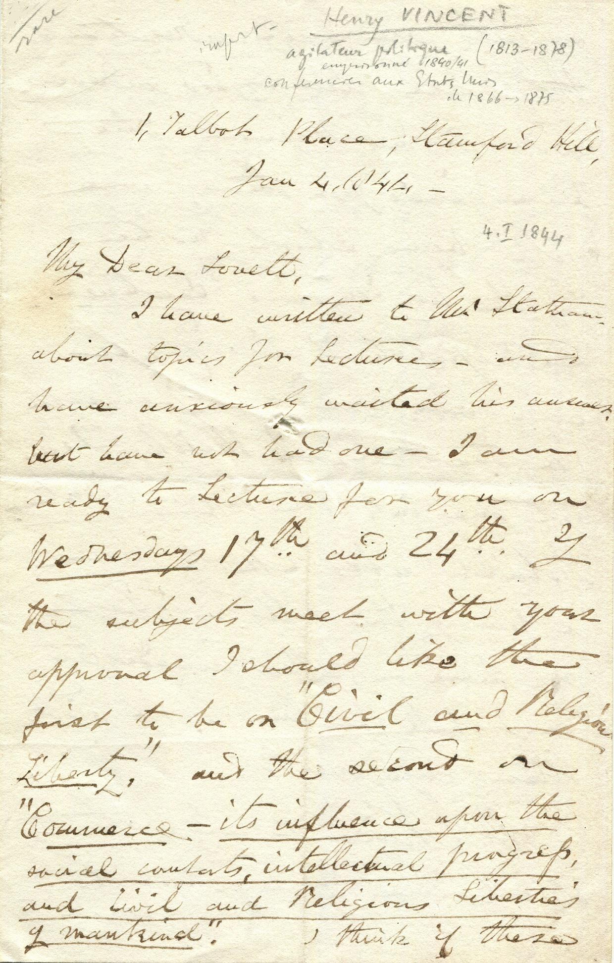 VINCENT HENRY: (1813-1878): VINCENT HENRY: (1813-1878) British Chartist leader and ant-slavery campaigner, active in the formation of early Working Men's Associations in Great Britain. A.L.S., Henry Vincent, three pages, 8vo, Ta