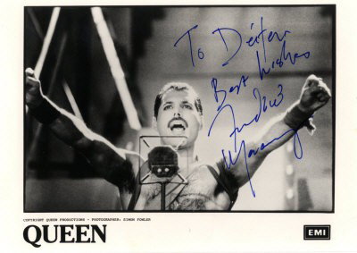 MERCURY FREDDIE: (1946-1991) British Musician, lea: MERCURY FREDDIE: (1946-1991) British Musician, lead vocalist of the rock band Queen. Signed and inscribed 7 x 5 photograph of Mercury in a classic bare chested half length pose with his arms and clenc