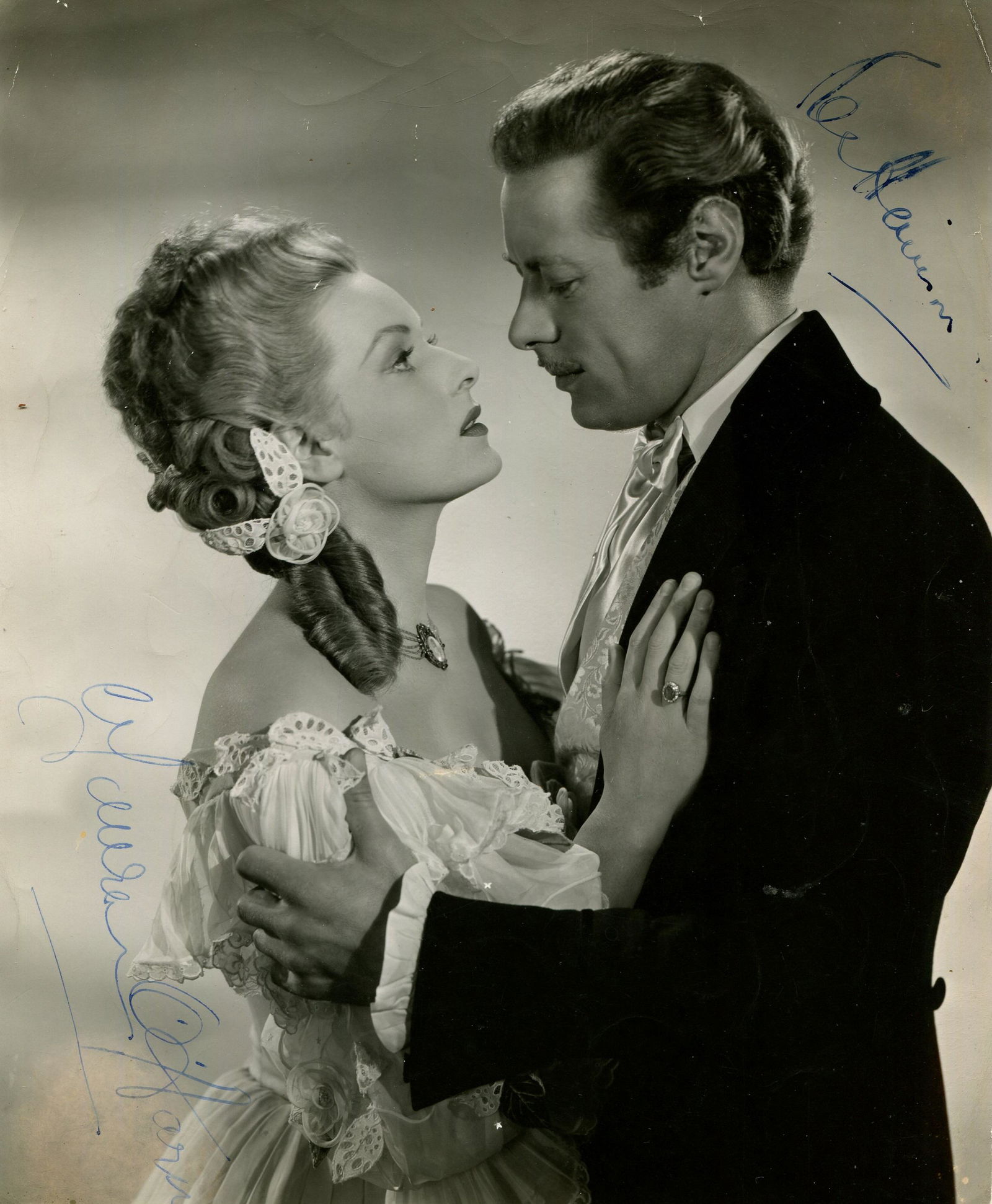 FOXES OF HARROW THE:: FOXES OF HARROW THE: Vintage signed 7.5 x 9 photograph by both Rex Harrison (Stephen Fox) and Maureen O'Hara (Odalie 'Lilli' D'Arceneaux) individually, the image depicting the couple in half-length pr