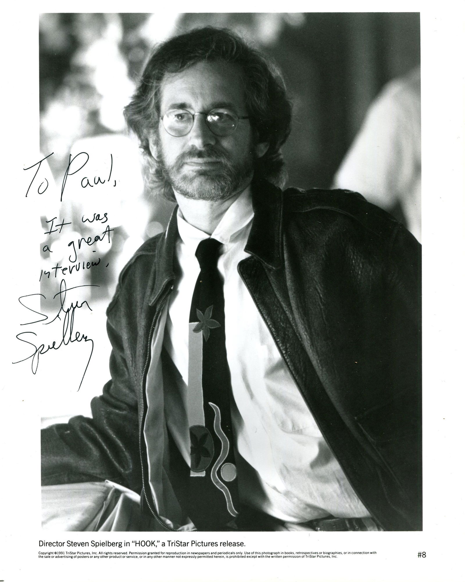 SPIELBERG STEVEN: (1946- ): SPIELBERG STEVEN: (1946- ) American film director, Academy Award winner. A good signed and inscribed 8 x 10 photograph of Spielberg standing in a half-length pose on the set of his adventure film Hook