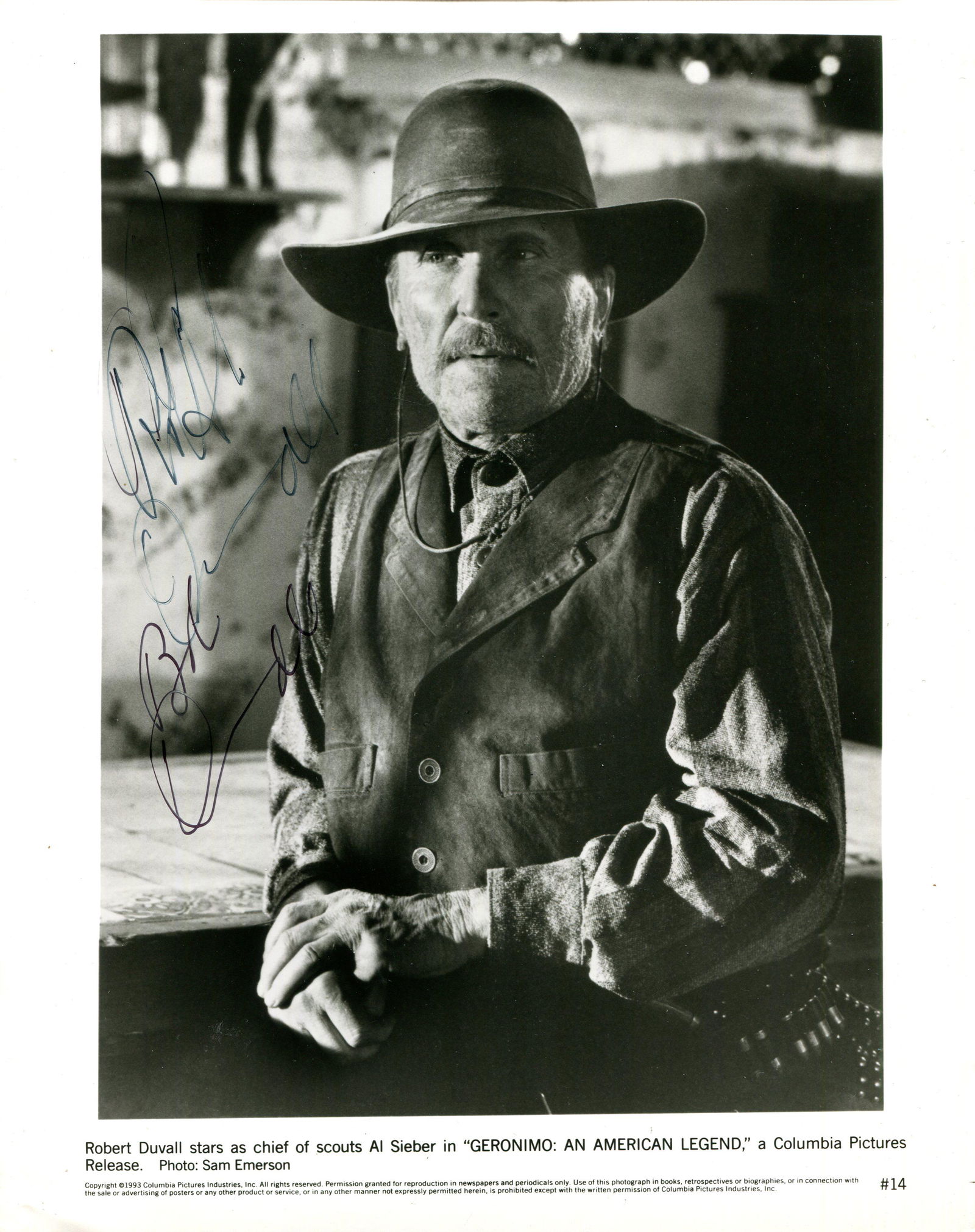 DUVALL ROBERT: (1931- ): DUVALL ROBERT: (1931- ) American actor, Academy Award winner. Signed 8 x 10 photograph of Duvall standing in a half-length pose in costume as Chief of Scouts Al Sieber from the historical Western film