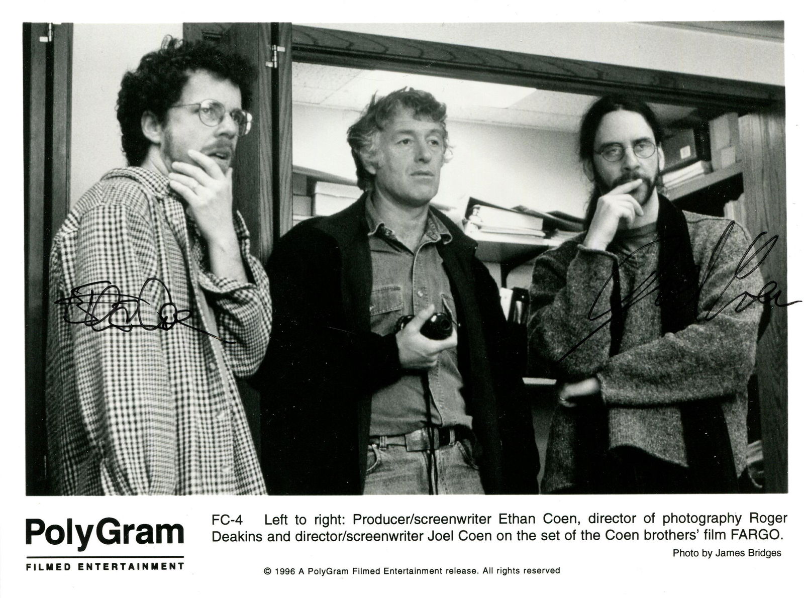 FARGO:: FARGO: Joel Coen (1954- ) & Ethan Coen (1957- ) American film directors. Signed 8 x 6 photograph by both Coen brothers individually, the image depicting them standing in half-length poses either side