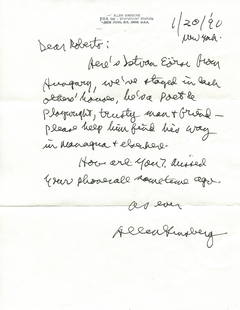 GINSBERG ALLEN: (1926-1997): GINSBERG ALLEN: (1926-1997) American poet and writer associated with the Beat Generation. A.L.S., Allen Ginsberg, one page, 4to, New York, 20th January 1990, to Roberto Vargas. Ginsberg writes a lette