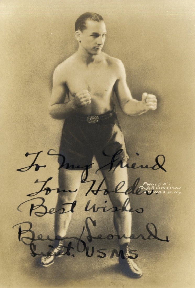 LEONARD BENNY: (1896-1947) American Boxer, World Li: LEONARD BENNY: (1896-1947) American Boxer, World Lightweight Champion 1917-25. Vintage signed and inscribed sepia 4.5 x 6.5 photograph of Leonard standing in a full length boxing pose. Signed in bold,