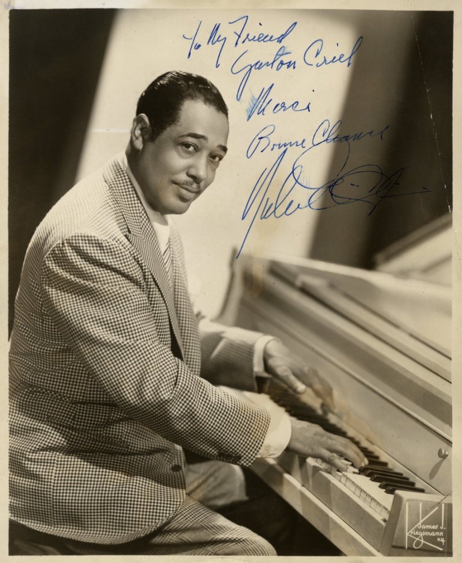 JAZZ: Selection of signed pieces, cards, some phot: JAZZ: Selection of signed pieces, cards, some photographs etc., by various jazz musicians including Duke Ellington (vintage signed and inscribed 8 x 10 photograph), Claude Luter etc. Some are slightly
