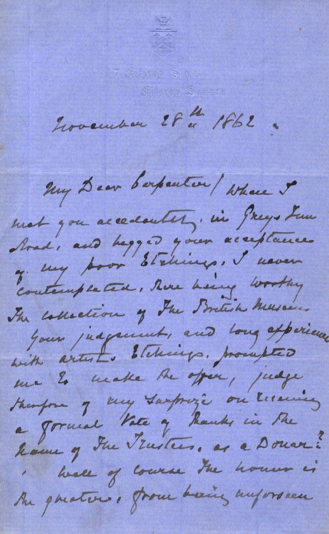 ROBERTS DAVID: (1796-1864) Scottish Orientalist Pa: ROBERTS DAVID: (1796-1864) Scottish Orientalist Painter. A.L.S., David Roberts, two pages, 8vo, Fitzroy Square, 28th November 1862, to William Carpenter. Roberts writes following a chance meeting with