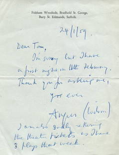 WILSON ANGUS: (1913-1991): WILSON ANGUS: (1913-1991) WILSON ANGUS: (1913-1991) English novelist and short story writer. A small correspondence collection comprising an A.L.S. and two T.Ls.S., Angus Wilson, and one with his firs