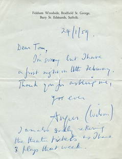 WILSON ANGUS: (1913-1991): WILSON ANGUS: (1913-1991) WILSON ANGUS: (1913-1991) English novelist and short story writer. A small correspondence collection comprising an A.L.S. and two T.Ls.S., Angus Wilson, and one with his firs