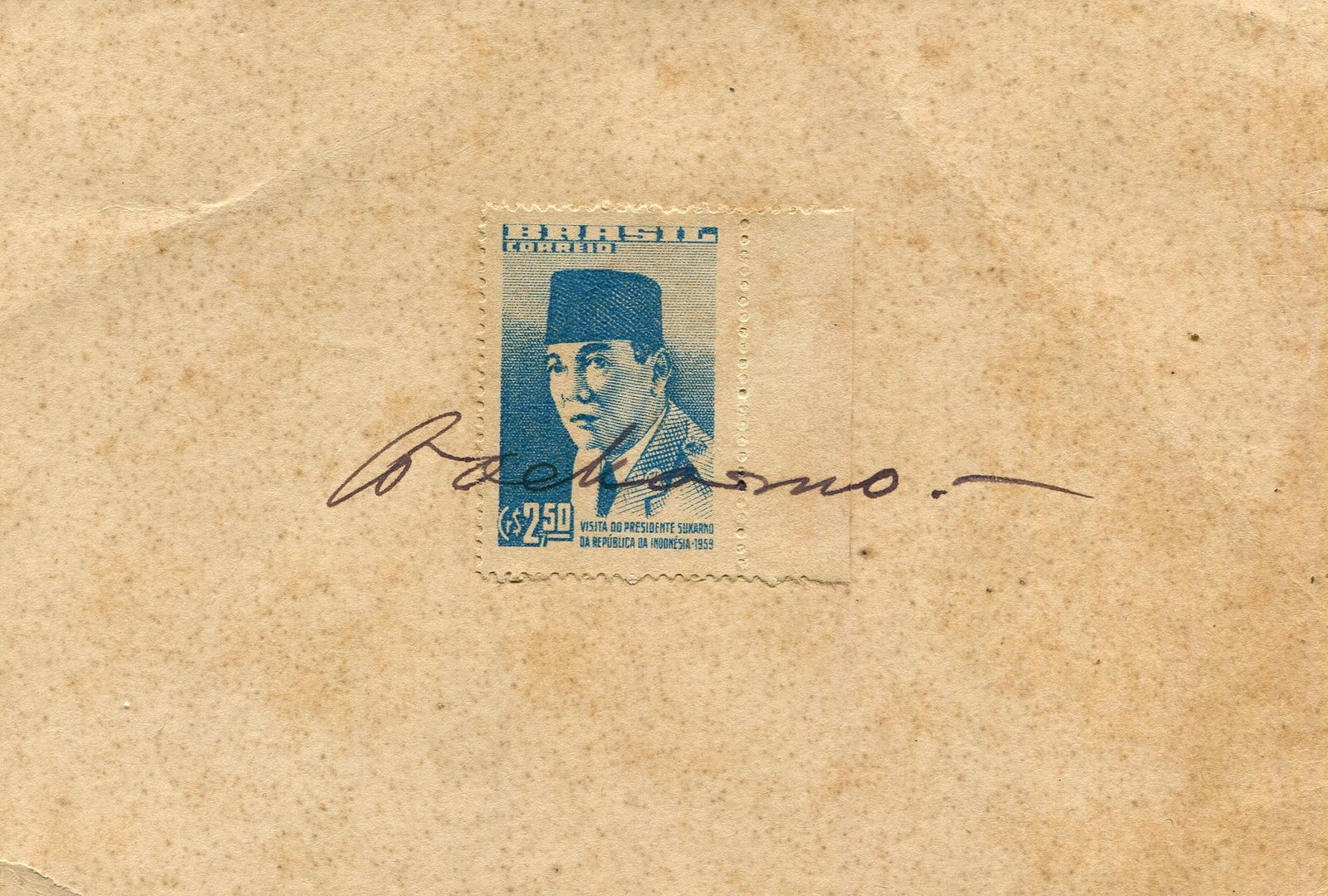 SUKARNO: (1901-1970): SUKARNO: (1901-1970) SUKARNO: (1901-1970) Indonesian statesman and revolutionary who served as the first President of Indonesia 1945-67. Dark fountain pen ink signature to the centre of a small oblong