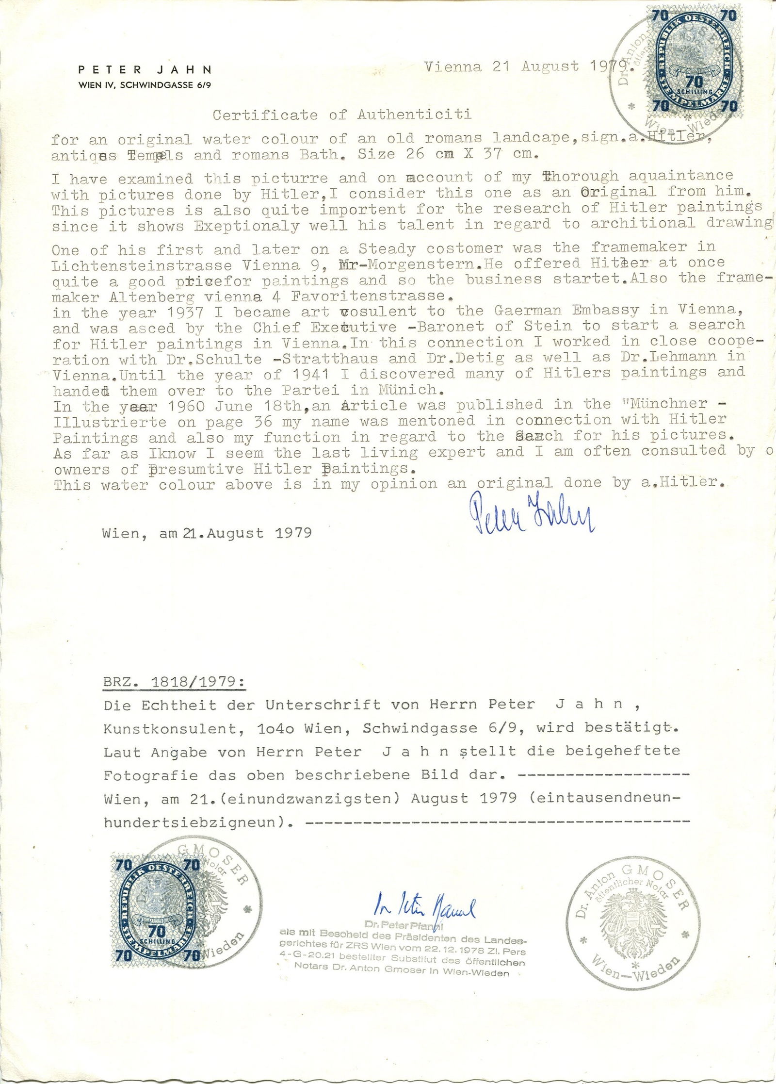 [HITLER ADOLF]: (1889-1945): [HITLER ADOLF]: (1889-1945) Fuhrer of the Third Reich 1933-45. JAHN PETER: (1904-1990) Austrian art dealer who established himself as an expert on the paintings of Adolf Hitler and was appointed