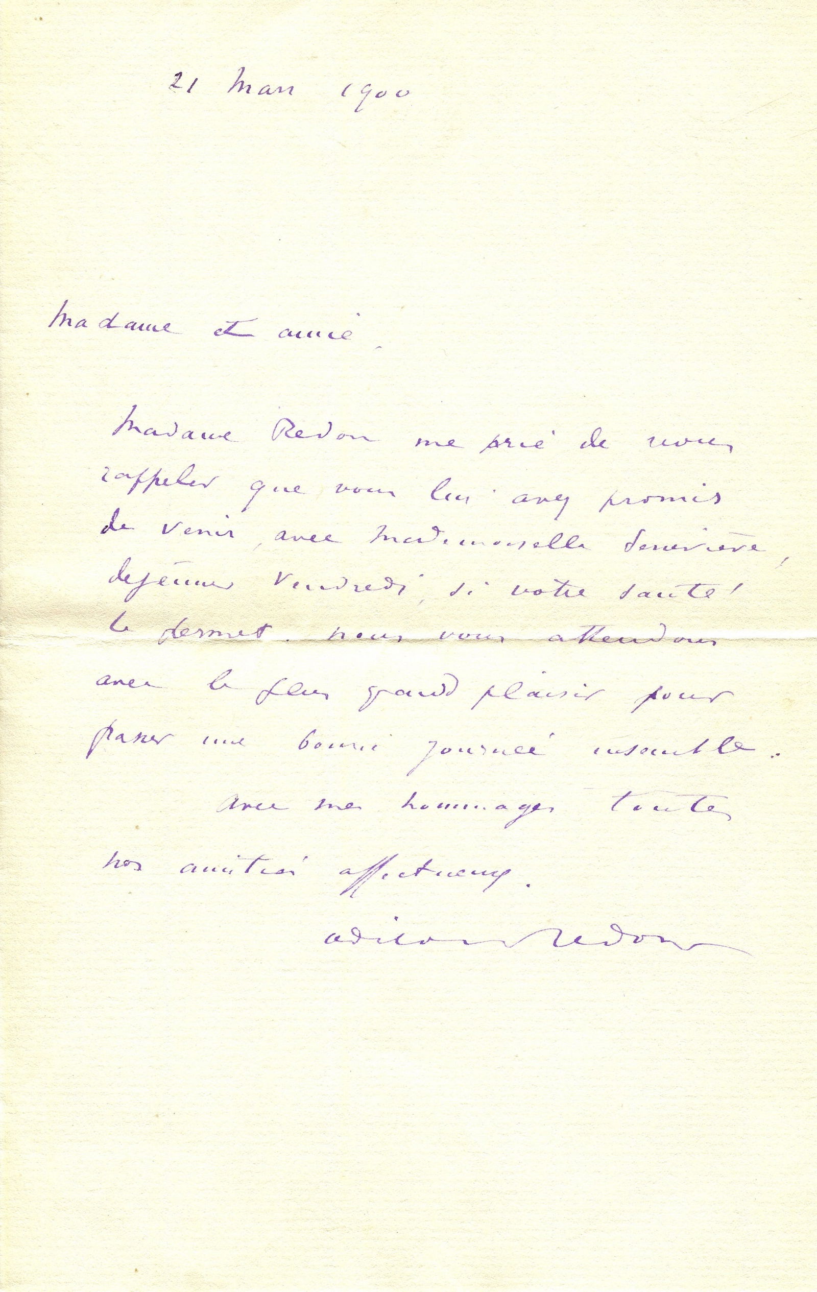 REDON ODILON: (1840-1916): REDON ODILON: (1840-1916) French Symbolist artist. A.L.S., Odilon Redon, one page, 8vo, in bold fountain pen purple ink, Paris, 21st March 1900, to Madame Mallarmé, in French. Redon, on behalf of his