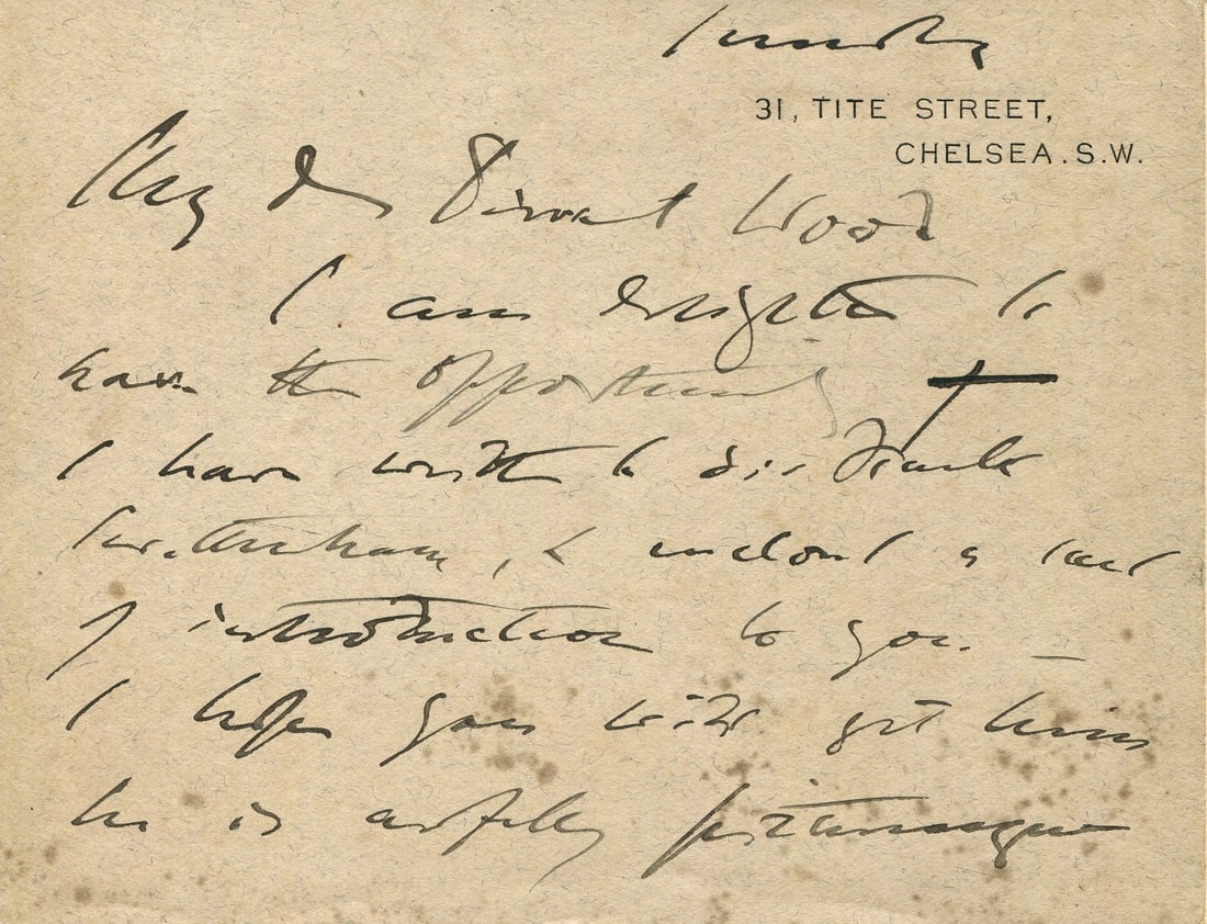 SARGENT JOHN SINGER: (1856-1925): SARGENT JOHN SINGER: (1856-1925) American artist, considered the leading portrait painter of his generation. A.L.S., John S. Sargent, to two sides of his correspondence card, Tite Street, Chelsea, n.d