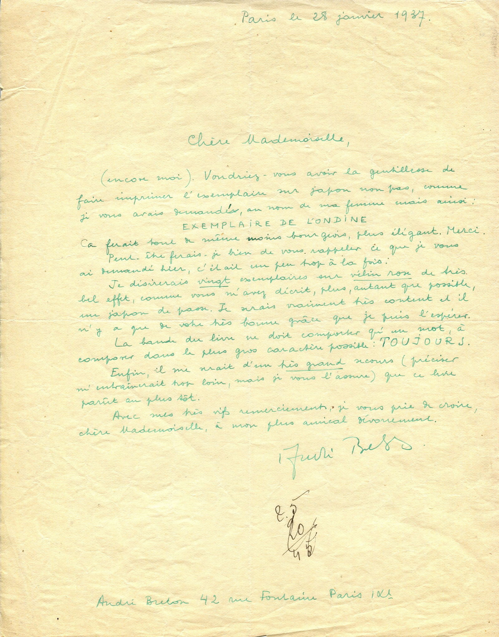 BRETON ANDRE: (1896-1966): BRETON ANDRE: (1896-1966) French Writer and Poet. One of the main figures and co-founder of Surrealism. A very fine and interesting content A.L.S., `André Breton´, one page, 4to, Paris, 28th January