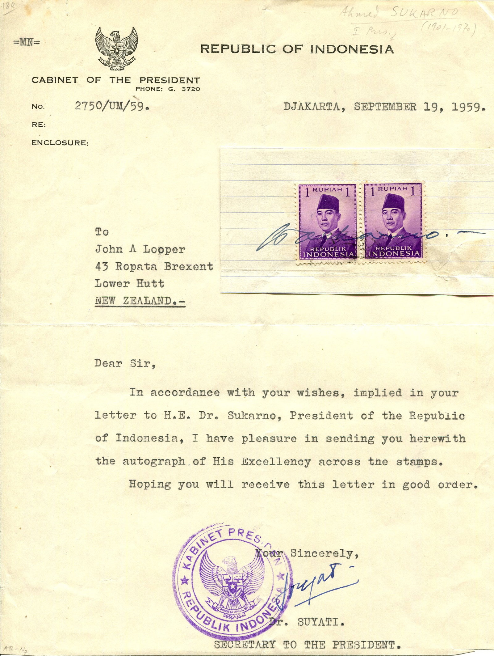 SUKARNO: (1901-1970): SUKARNO: (1901-1970) Indonesian statesman and revolutionary who served as the first President of Indonesia 1945-67. Fountain pen ink signature on an oblong 12mo piece of feint ruled paper with two ide