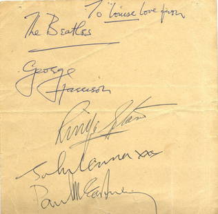 BEATLES THE: A good set of four individual signatu: BEATLES THE: A good set of four individual signatures of The Beatles, John Lennon, Paul McCartney, George Harrison and Ringo Starr, on the verso of a 6.5 x 6.5 printed menu card (very slightly neatly