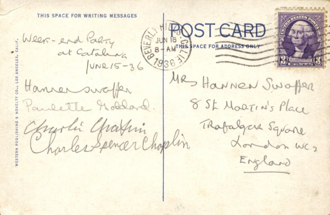 CHAPLIN CHARLES: (1889-1977) English Film Comedian: CHAPLIN CHARLES: (1889-1977) English Film Comedian, Academy Award winner. Bold pencil signature ('Charlie Chaplin') to the verso of a colour picture postcard featuring an illustration of flying fish b