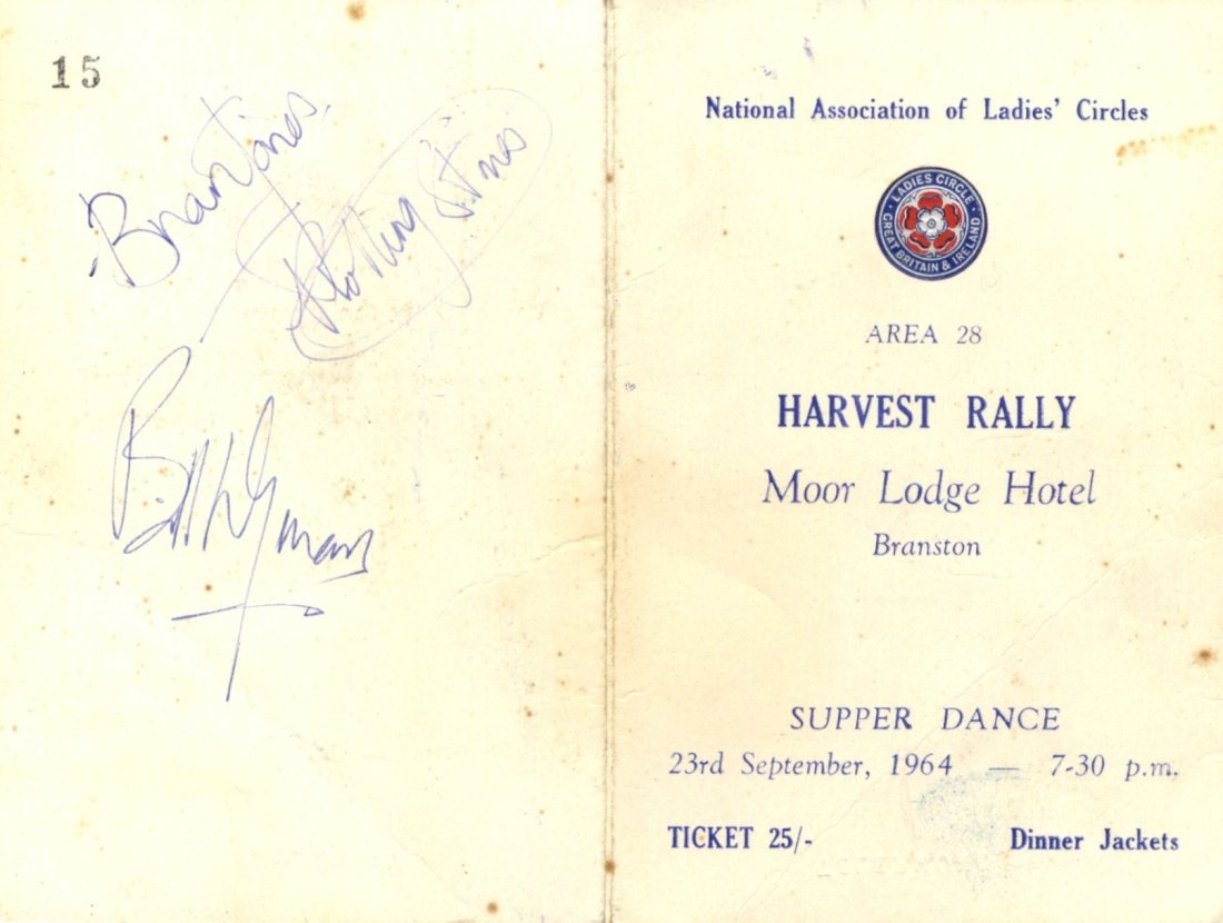 ROLLING STONES THE: A printed 12mo menu card for a: ROLLING STONES THE: A printed 12mo menu card for a Supper Dance held by the National Association of Ladies' Circles, Area 28, Harvest Rally, at the Moor Lodge hotel, Branston, 23rd September 1964, sig
