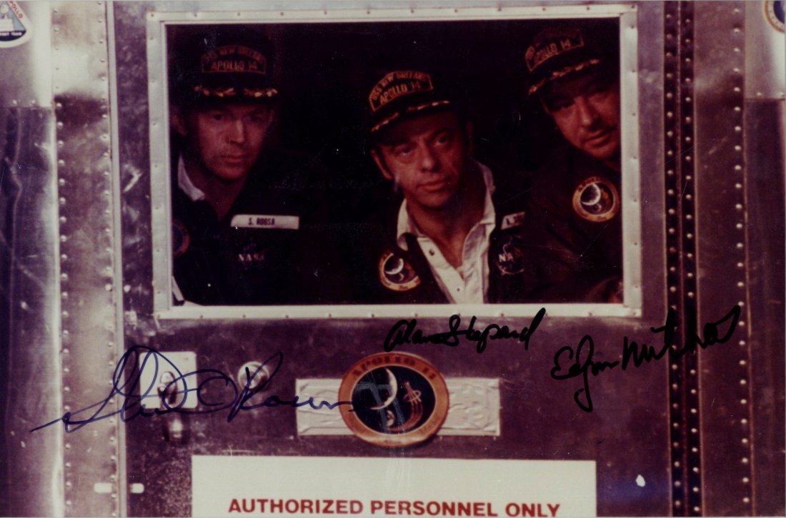 APOLLO XIV: Signed colour 8 x 5.5 by the three cre: APOLLO XIV: Signed colour 8 x 5.5 by the three crew members of Apollo XIV (1971) individually, Alan Shepard (Commander, the fifth man to walk on the moon), Stuart Roosa (Command Module Pilot) and Edga