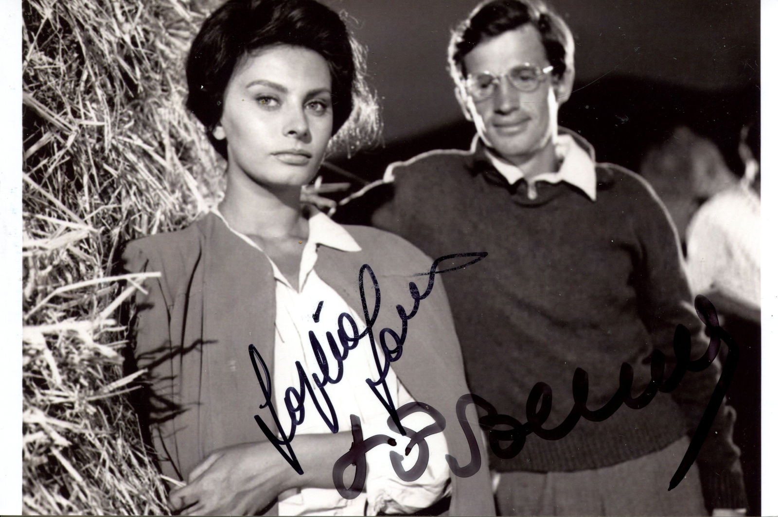 TWO WOMEN:: TWO WOMEN: Signed 6 x 4 photograph by both Sophia Loren (Cesira) and Jean-Paul Belmondo (Michele Di Libero) individually, the image depicting the two actors standing in half-length poses in costum