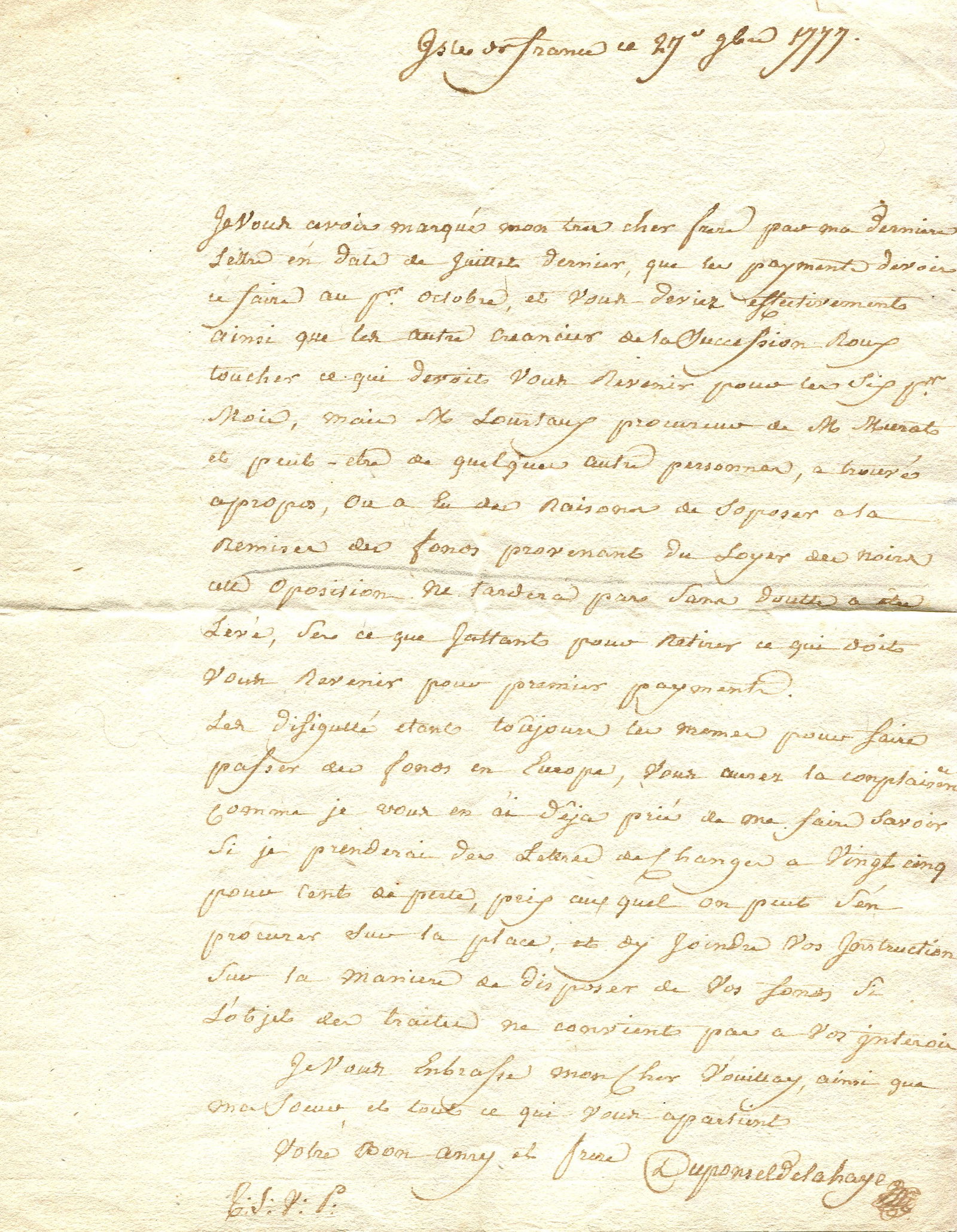 SLAVERY - MAURITIUS:: SLAVERY - MAURITIUS: Philippe Jean de la Haye Duponsel (1752-1790) French slave trader established in Mauritius, which was called at that time, ''Isle of France''. An interesting and scarce letter rel