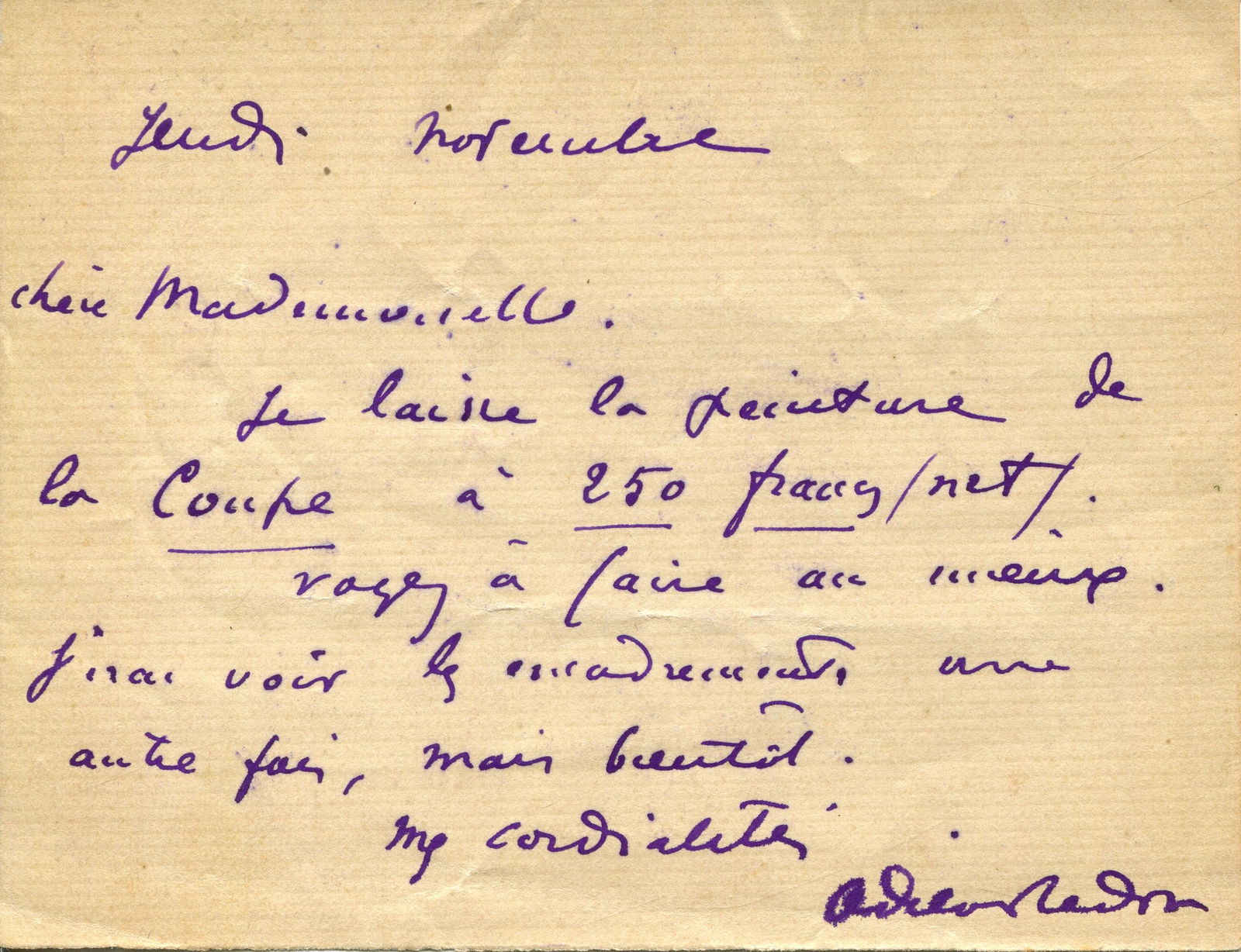 REDON ODILON: (1840-1916): REDON ODILON: (1840-1916) French Symbolist Artist. A.L.S., `Odilon Redon´, one page, 12mo, n.p., Thursday, November, n.y., in French. Redon refers to the price he can accept for a painting, and in bo
