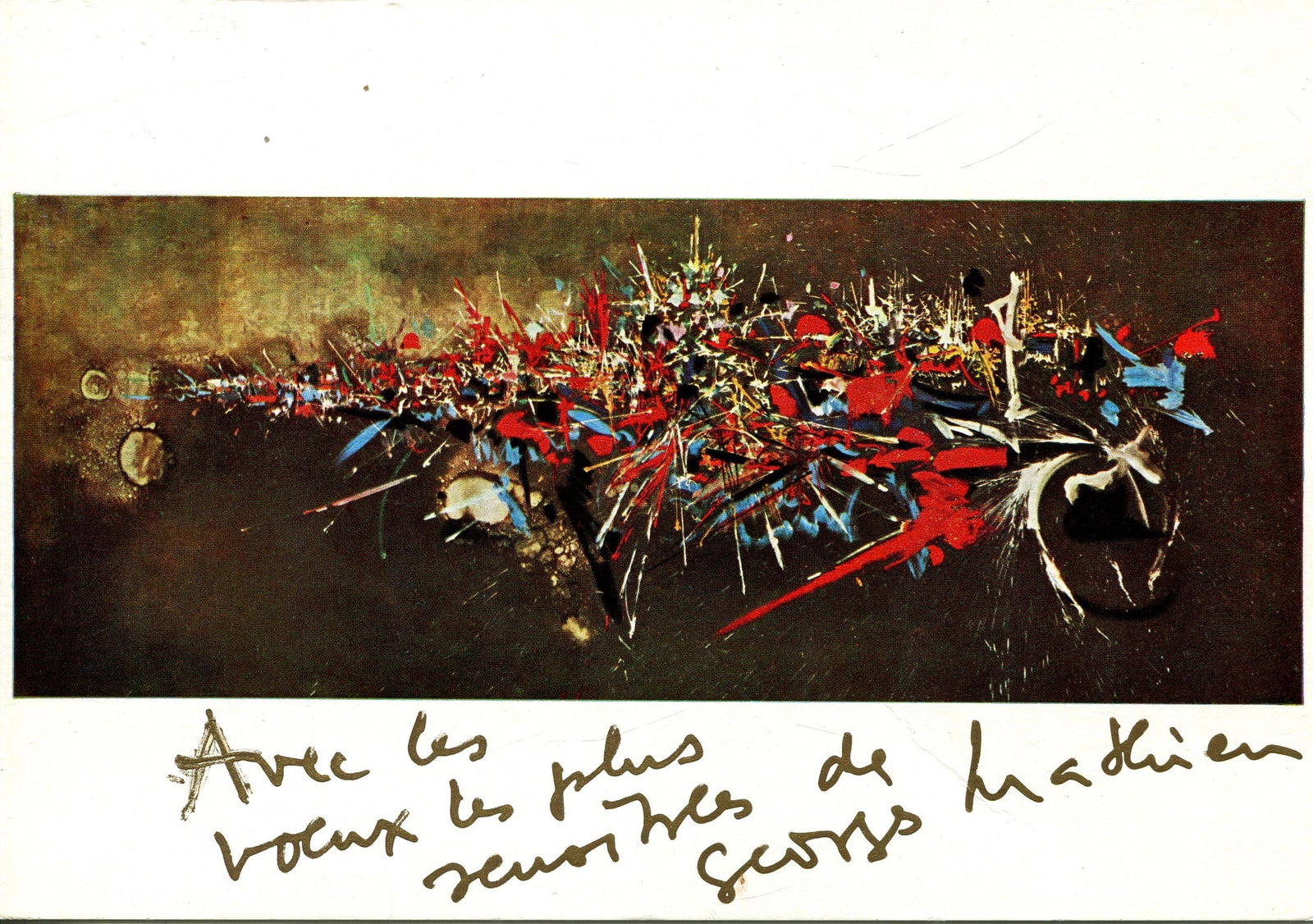 MATHIEU GEORGES: (1921-2012): MATHIEU GEORGES: (1921-2012) French Painter. Considered one of the founders of the Lyric Abstraction. Signed postcard photograph by Mathieu `Avec les voeux les plus sensibles de Georges Mathieu´, the