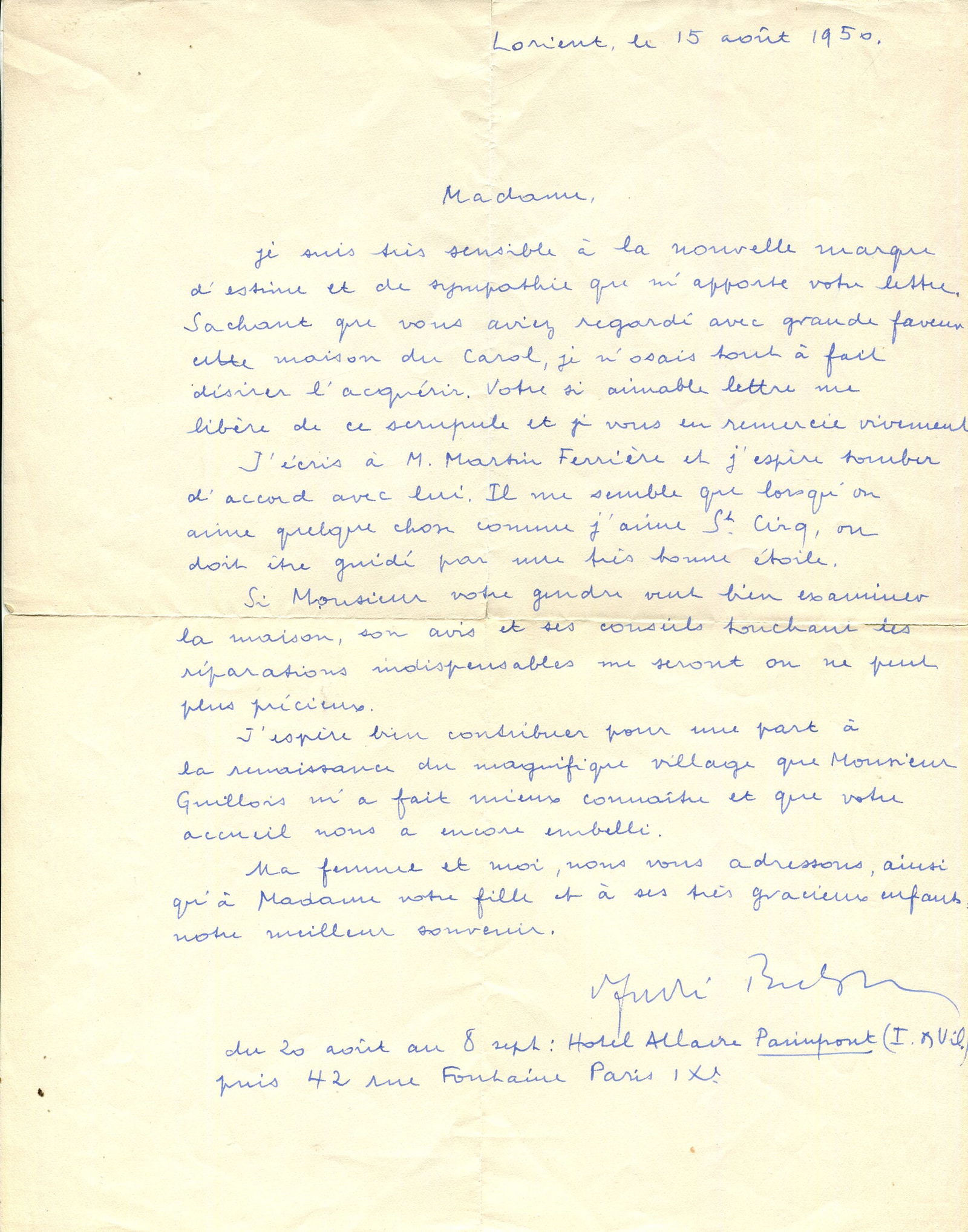 BRETON ANDRE: (1896-1966) ´ when one loves something as I love St. Cirq, one must be guided by a: BRETON ANDRE: (1896-1966) French writer and poet, the co-founder, leader and principal theorist of surrealism. A.L.S., Andre Breton, one page, 4to, Lorient, 15th August 1950, to a lady, in French. Bre