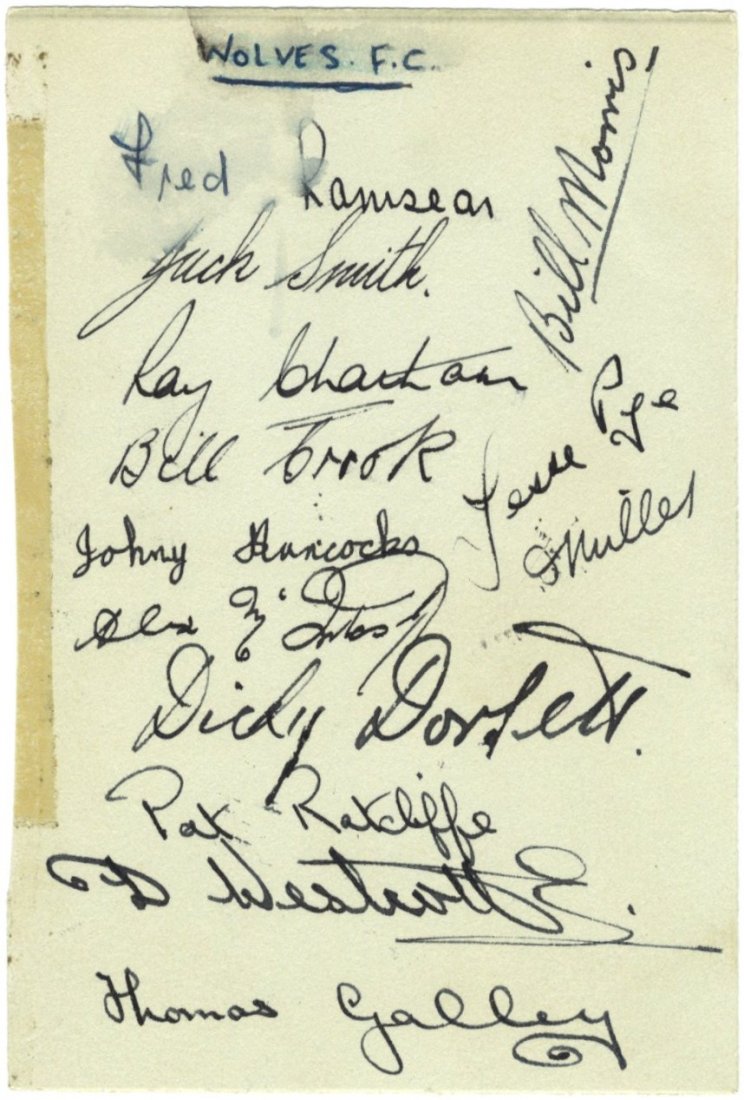 WOLVERHAMPTON WANDERERS F.C.: A 12mo card individually : WOLVERHAMPTON WANDERERS F.C.: A 12mo card individually signed by seventeen Wolverhampton Wanderers FC players of 1946-47 including Jack Smith, Billy Crook, Johnny Hancocks, Dickie Dorsett, Paddy Ratcl