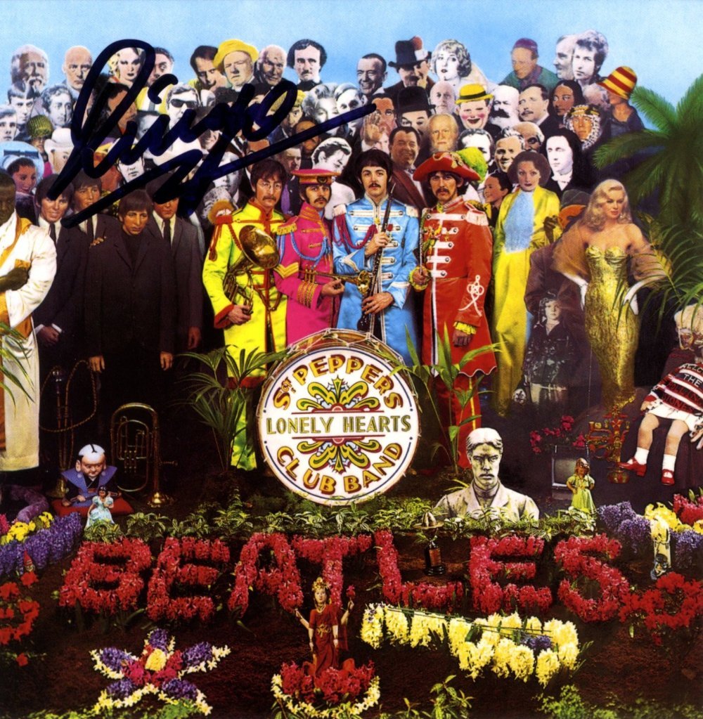 STARR RINGO: (1940 - ) English Musician, Drumme: STARR RINGO: (1940 - ) English Musician, Drummer with The Beatles. A colour 6 x 6 reproduction of the front cover to the album 'Sgt Pepper's Lonely Hearts Club Band, swigned by Starr with his first na