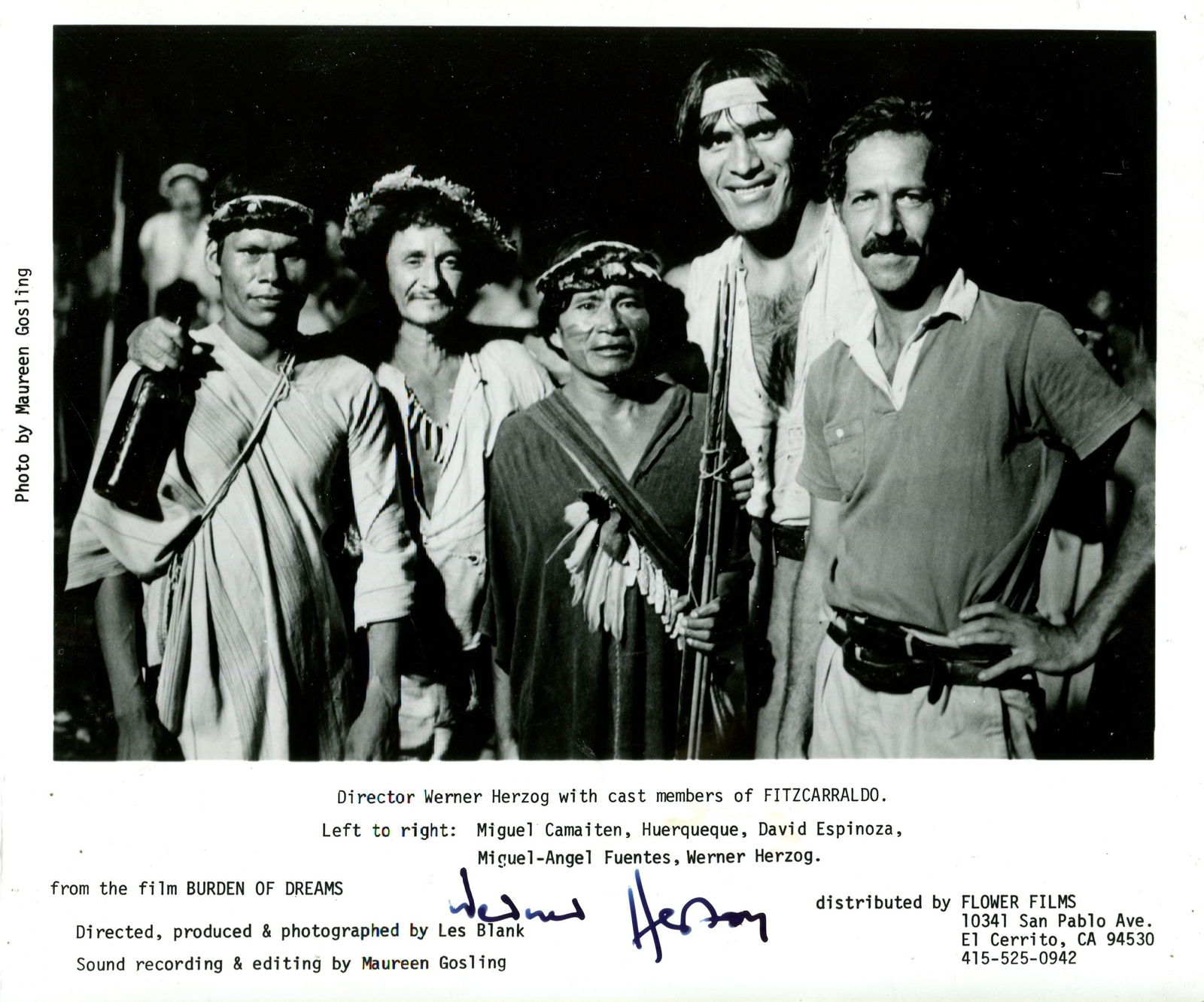 HERZOG WERNER: (1942- ): HERZOG WERNER: (1942- ) German film director. Signed 9.5 x 8 photograph of Herzog standing in a half-length pose alongside four cast members of his epic adventure-drama film Fitzcarraldo (1982), the i