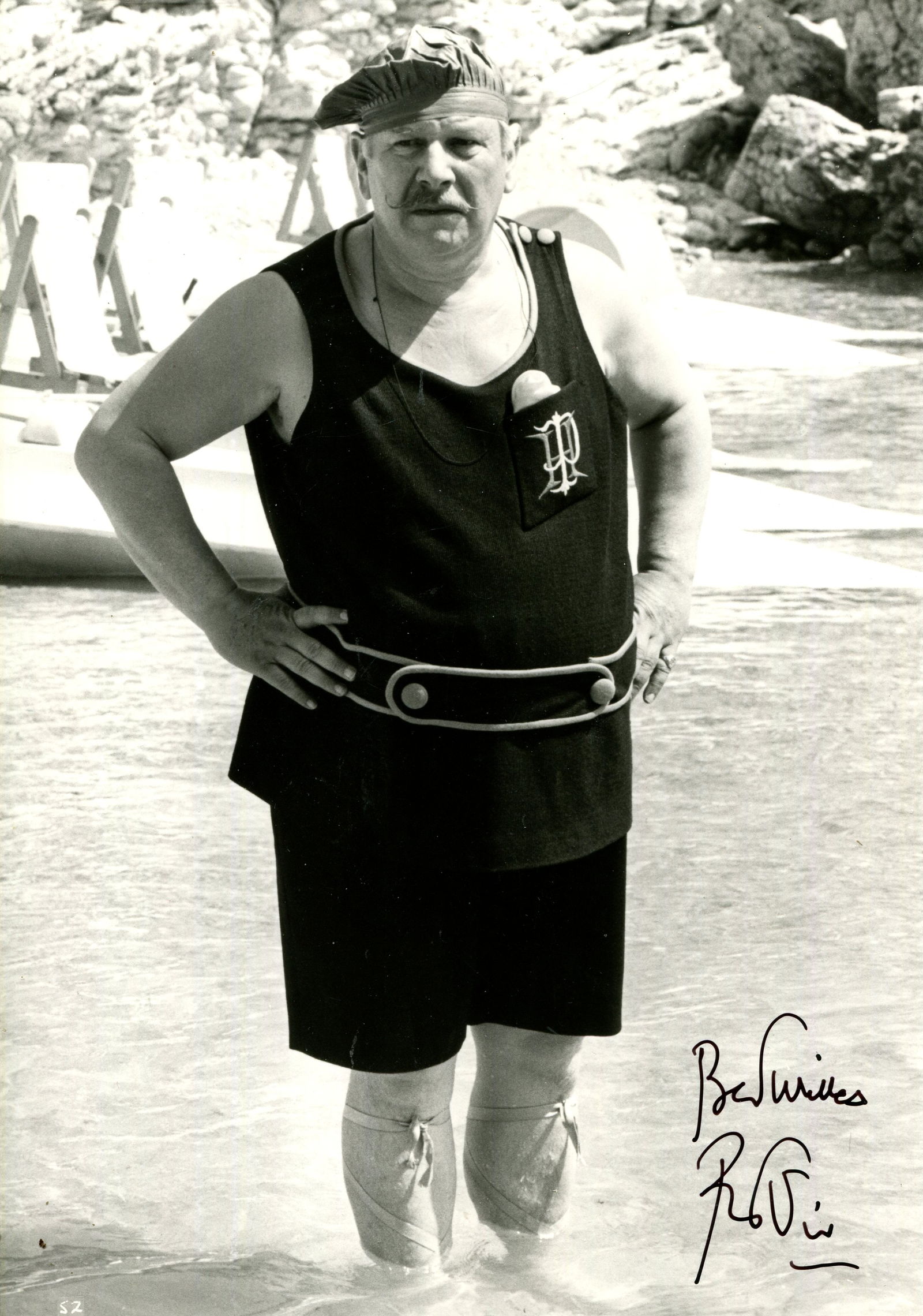 USTINOV PETER (1921-2004) (x2): USTINOV PETER (1921-2004) British actor, Academy Award winner. A good signed 7 x 10 photograph of Ustinov standing in a full-length pose wearing an elegant monogrammed bathing suit, in costume as the