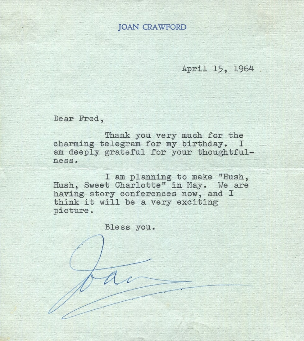 CRAWFORD JOAN: (1905-1977) (x5): CRAWFORD JOAN: (1905-1977) American actress, Academy Award winner. Small collection of five T.Ls.S., Joan, each one page, 8vo, n.p., April 1964 - October 1969, all to J. Fred Johnson. Crawford writes