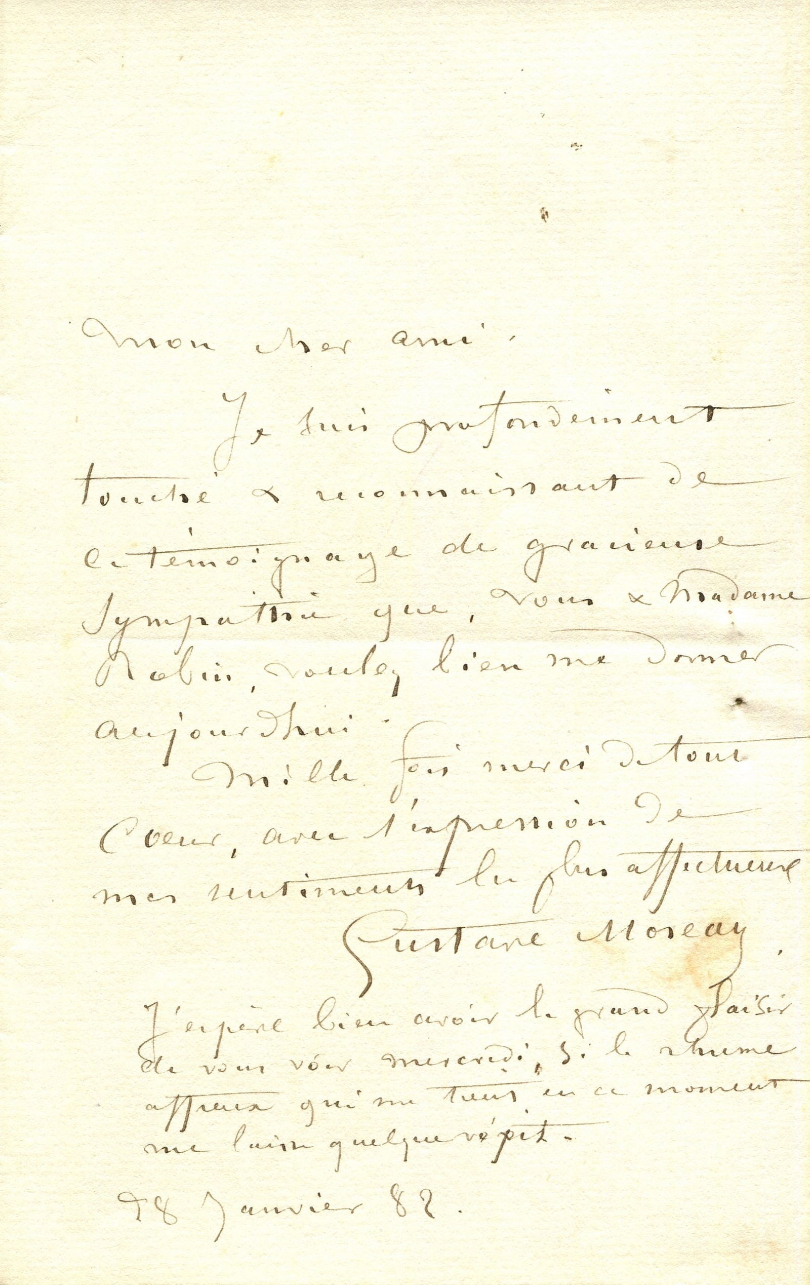 MOREAU GUSTAVE: (1826-1898): MOREAU GUSTAVE: (1826-1898) French artist, an important figure in the Symbolist movement. A.L.S., Gustave Moreau, one page, 8vo, n.p., 28th January 1888, to Monsieur Robin ('Mon cher ami'), in French.